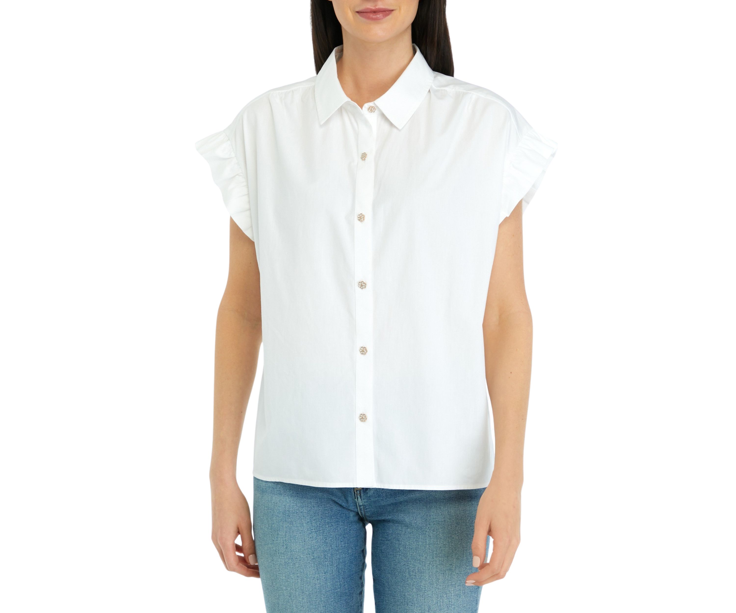 Womens Solid Ruffle Button Down Blouse