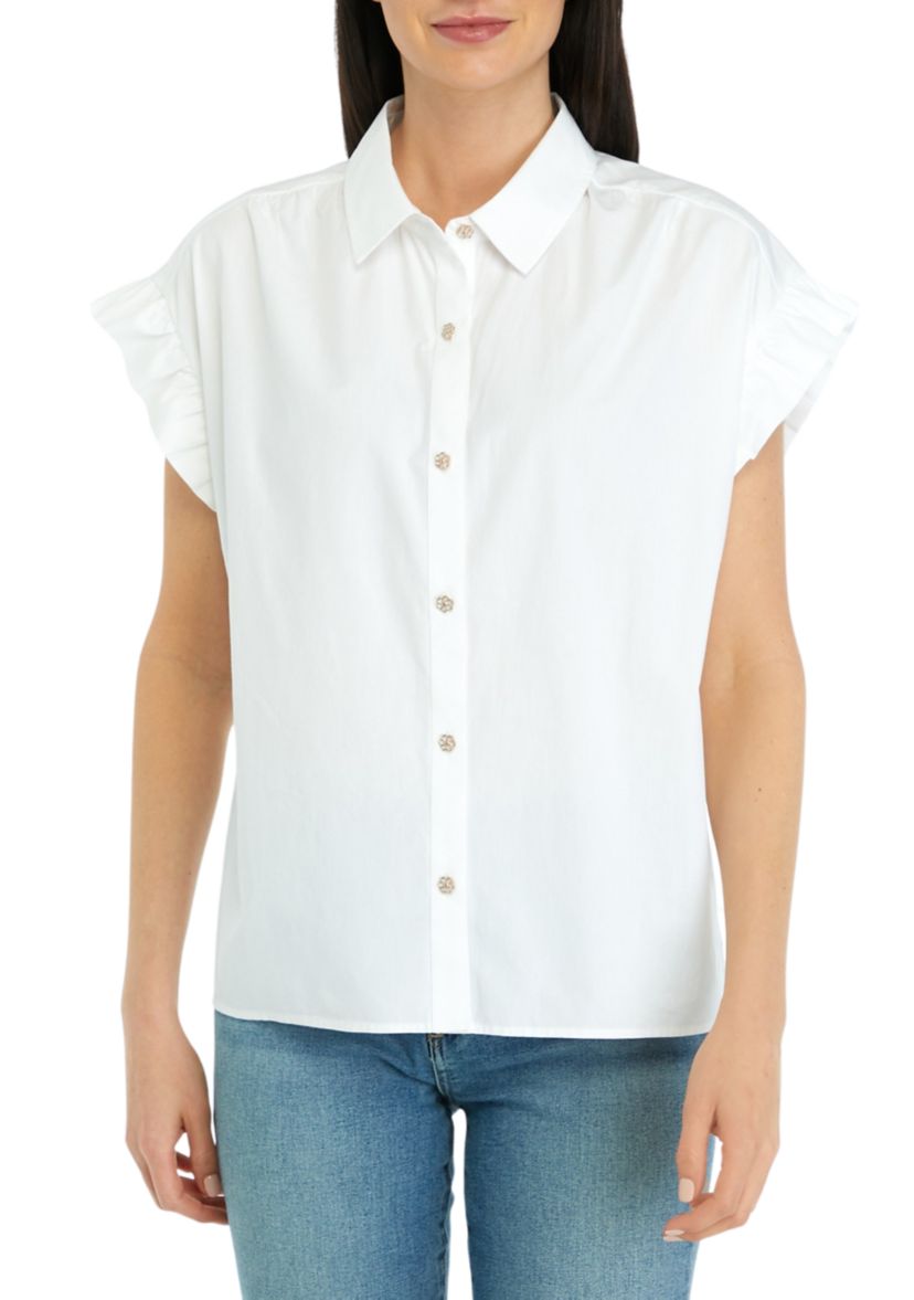 Womens Solid Ruffle Button Down Blouse