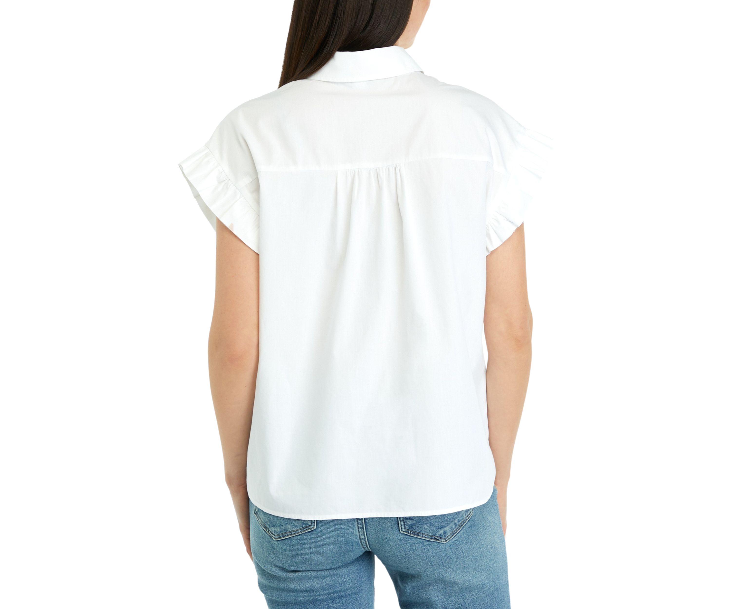 Womens Solid Ruffle Button Down Blouse