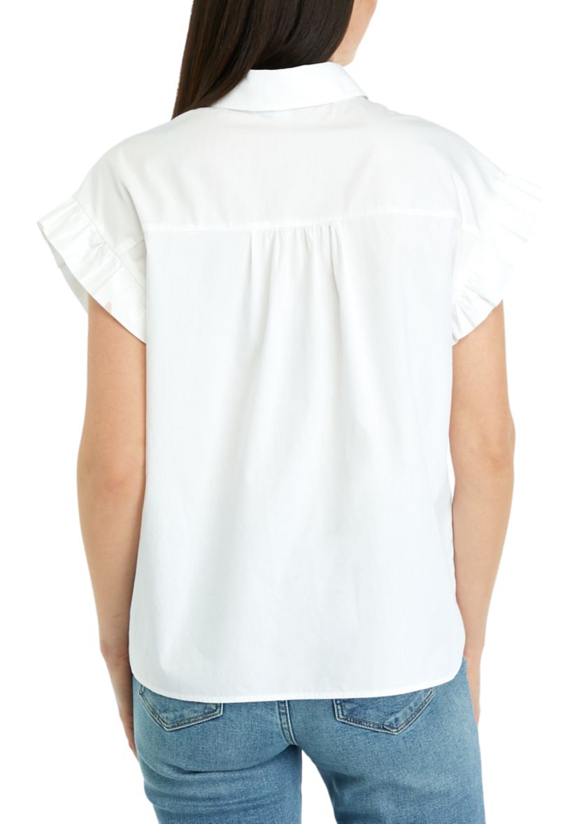Womens Solid Ruffle Button Down Blouse