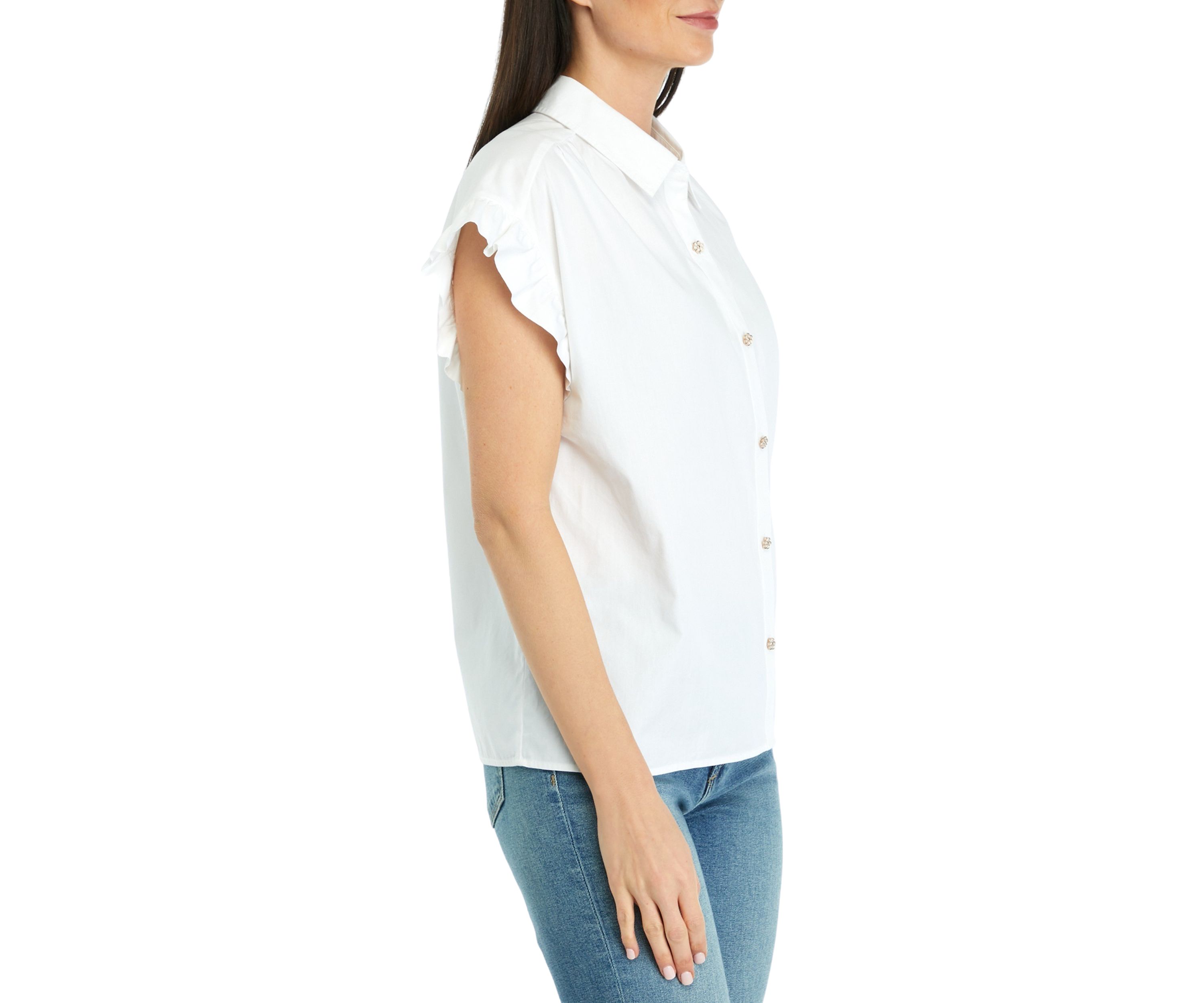 Womens Solid Ruffle Button Down Blouse