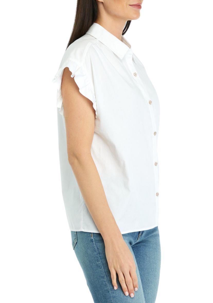 Womens Solid Ruffle Button Down Blouse