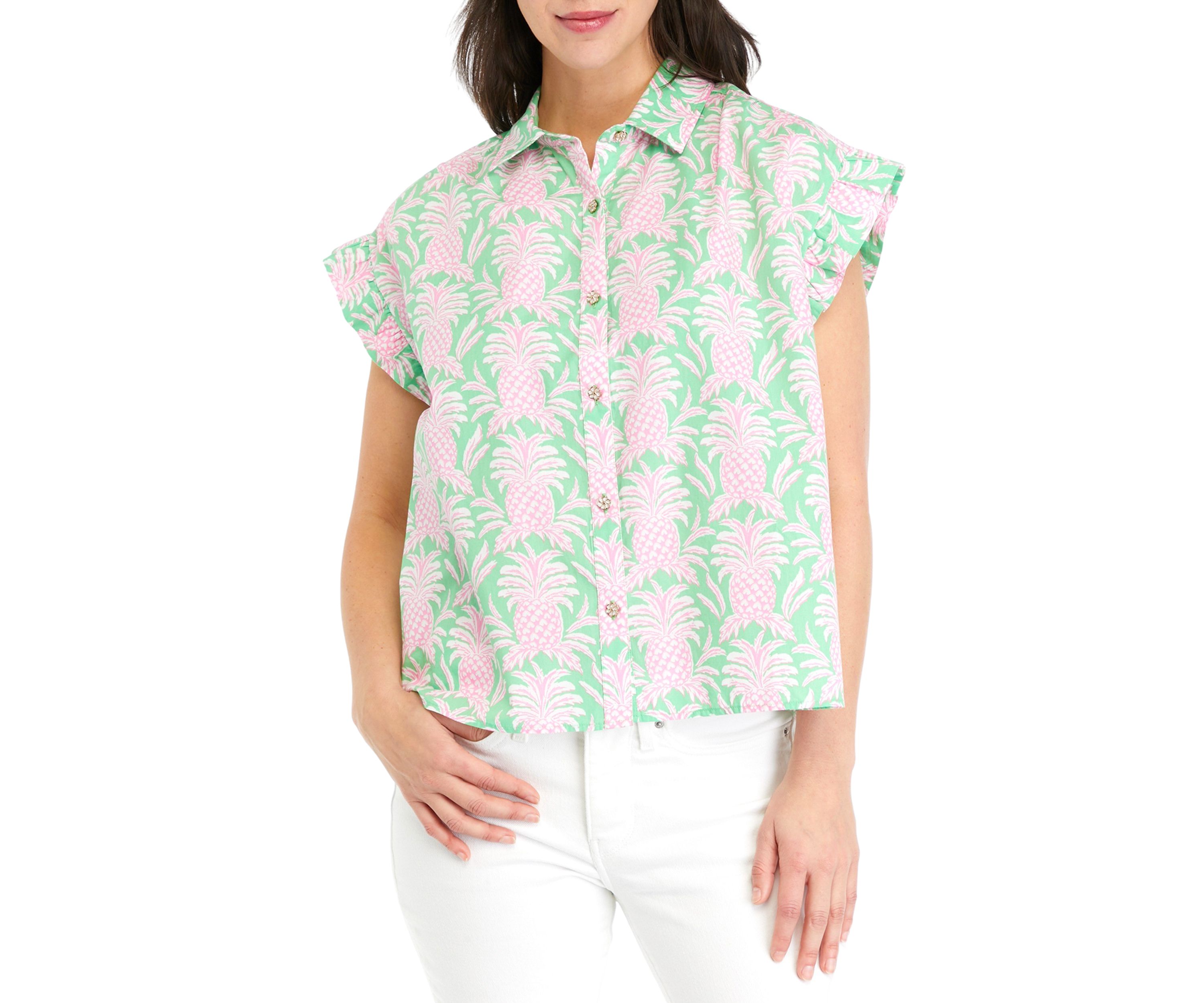 Womens Ruffle Tropical Button Up Shirt 