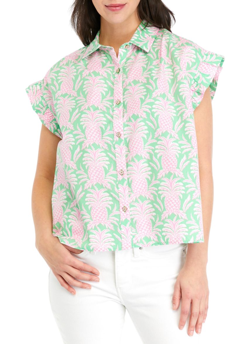 Womens Ruffle Tropical Button Up Shirt 