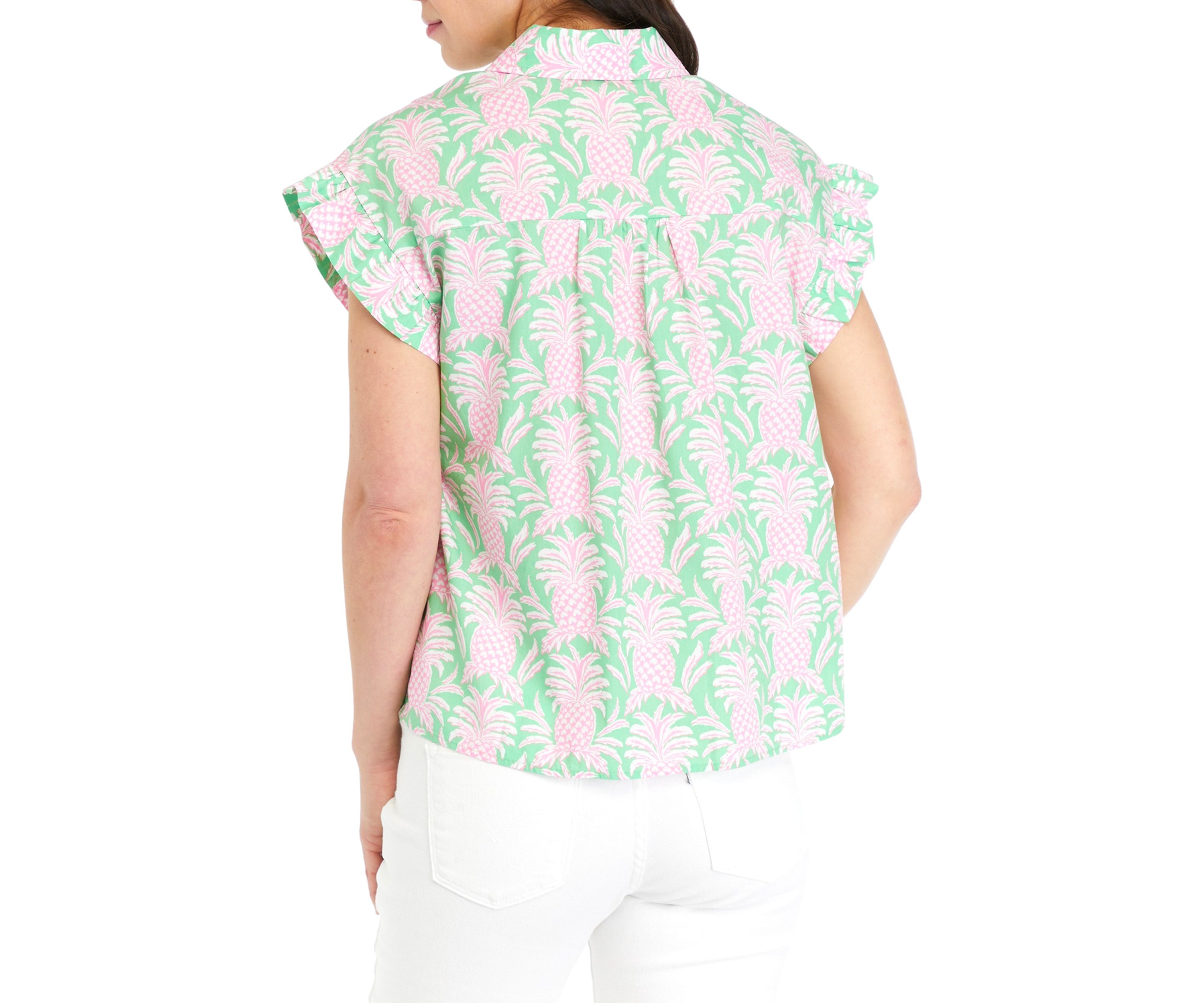 Womens Ruffle Tropical Button Up Shirt 