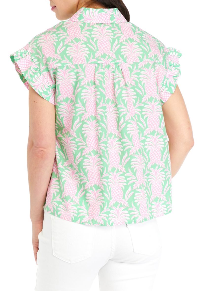 Womens Ruffle Tropical Button Up Shirt 