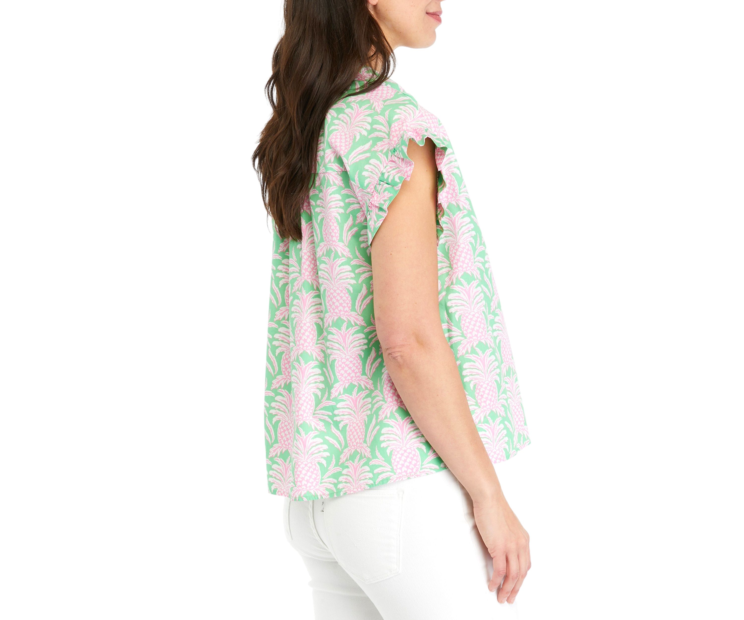 Womens Ruffle Tropical Button Up Shirt 