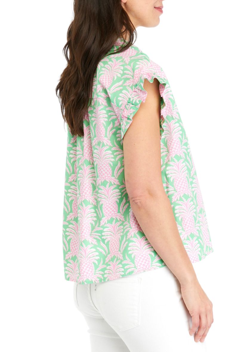 Womens Ruffle Tropical Button Up Shirt 