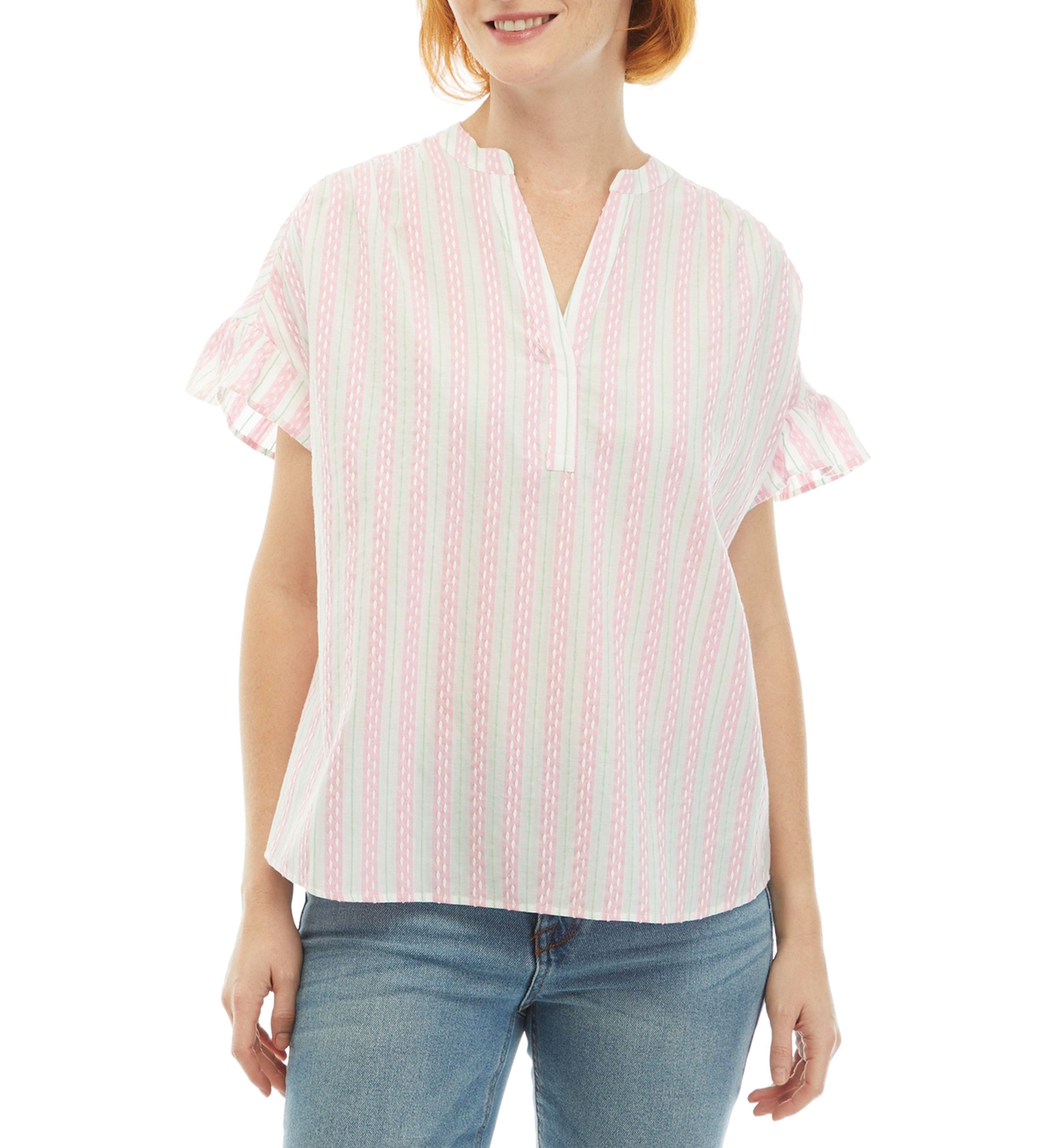 Womens Ruffle Button Front Stripe Top