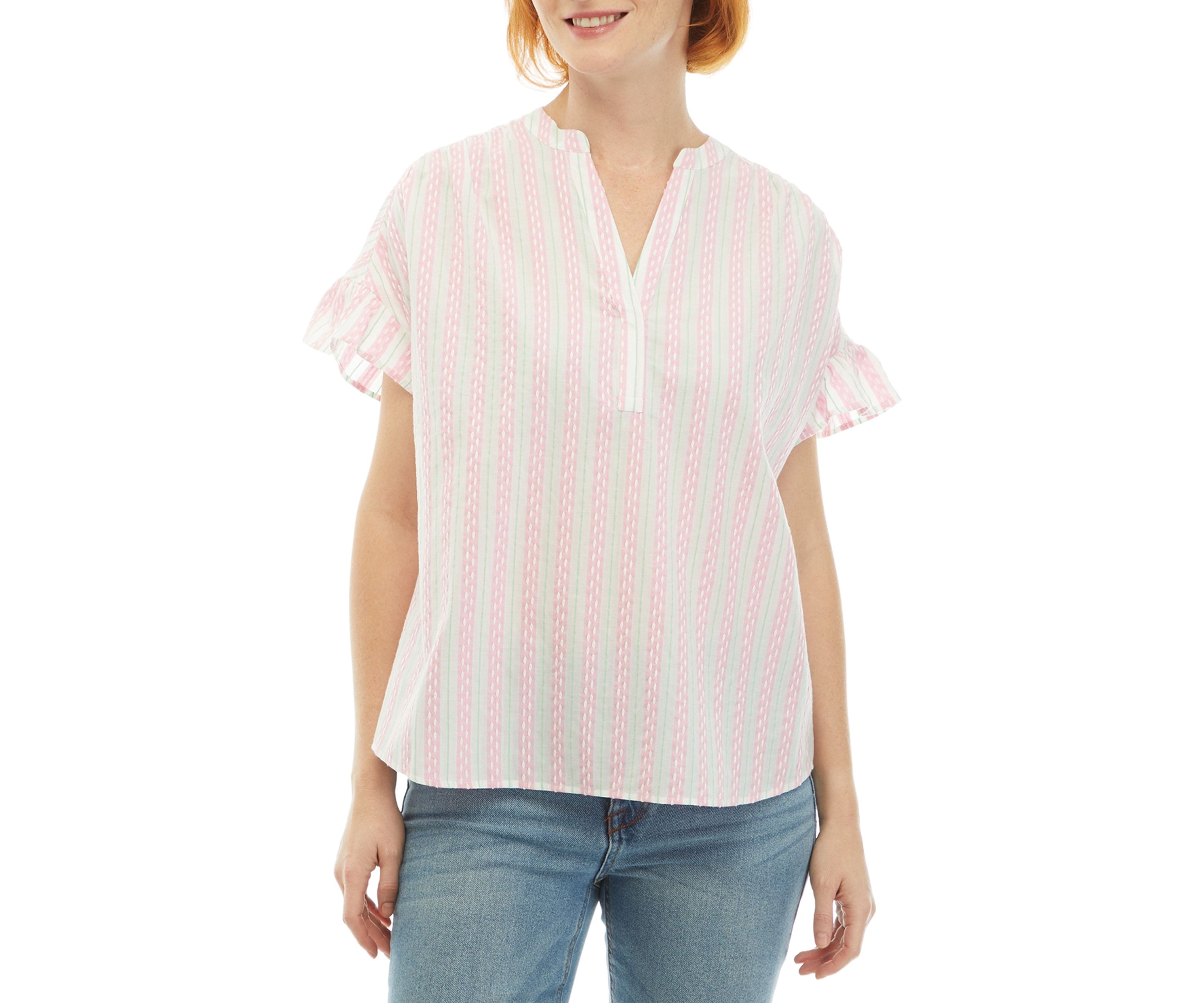 Womens Ruffle Button Front Stripe Top