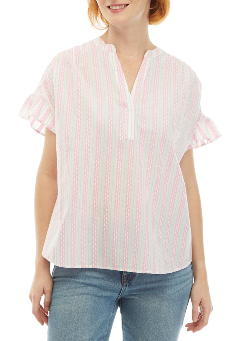 Womens Ruffle Button Front Stripe Top