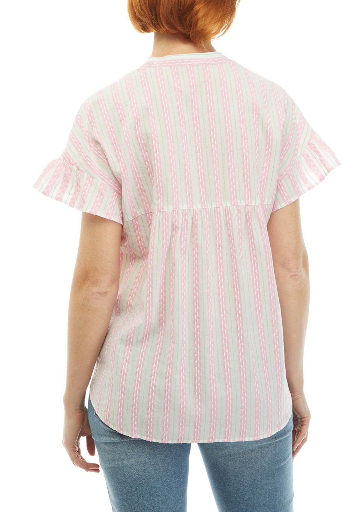 Womens Ruffle Button Front Stripe Top
