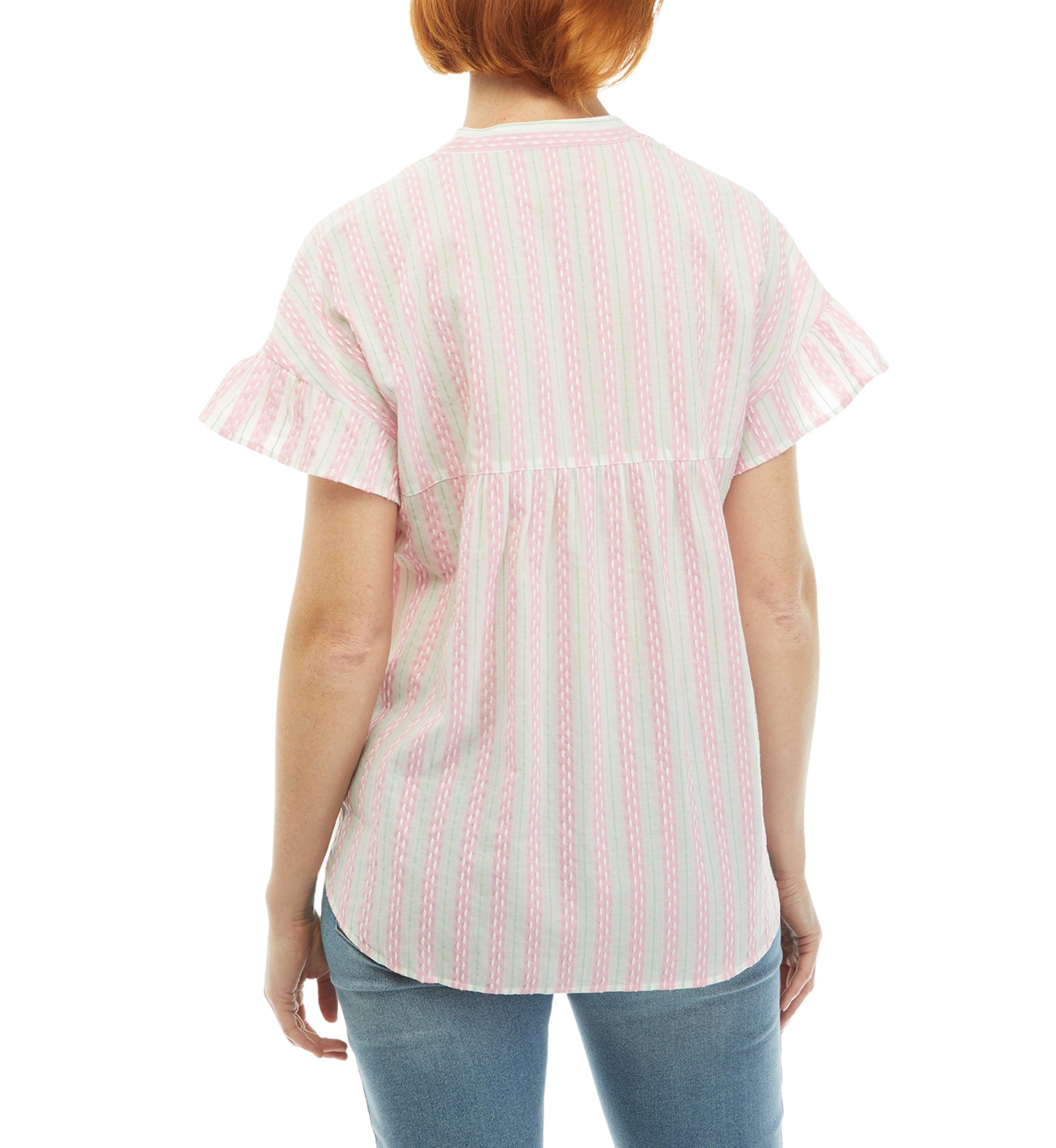 Womens Ruffle Button Front Stripe Top