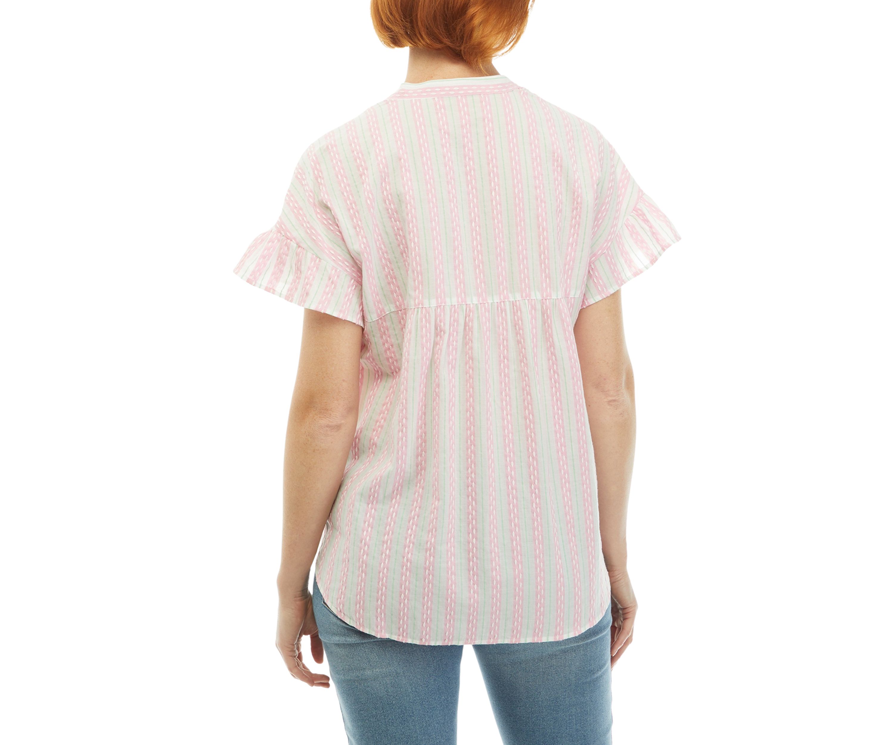 Womens Ruffle Button Front Stripe Top