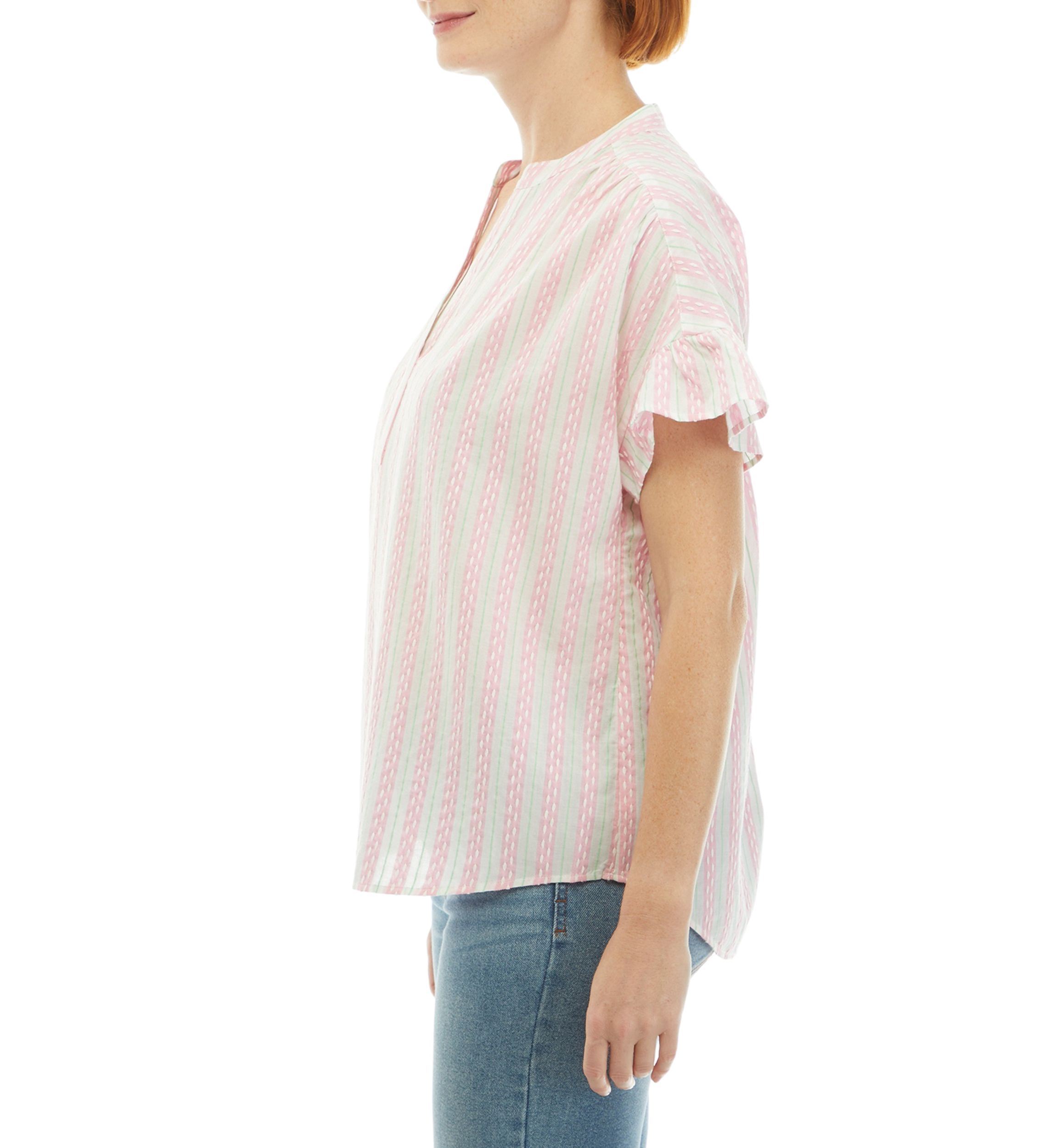 Womens Ruffle Button Front Stripe Top