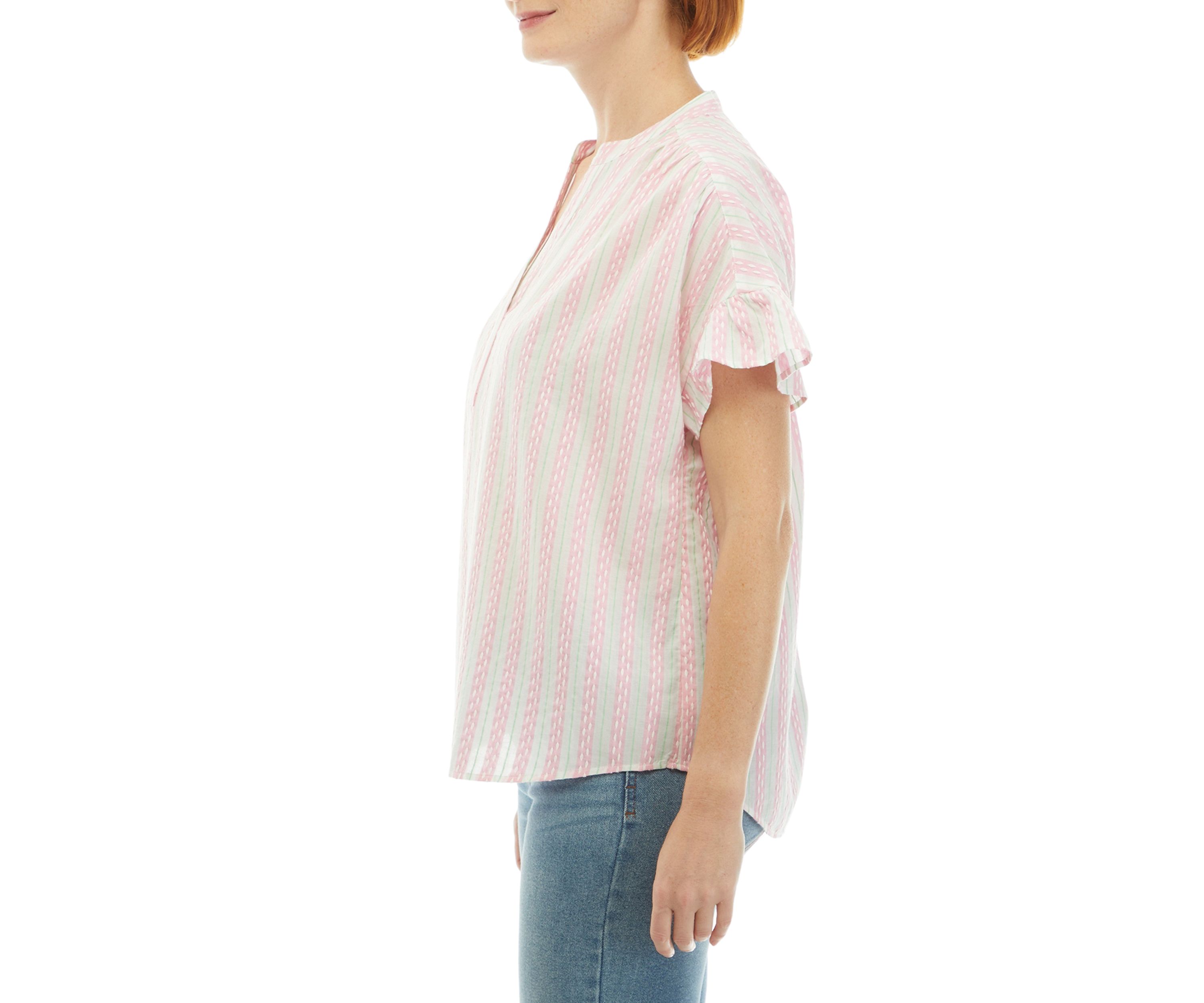 Womens Ruffle Button Front Stripe Top