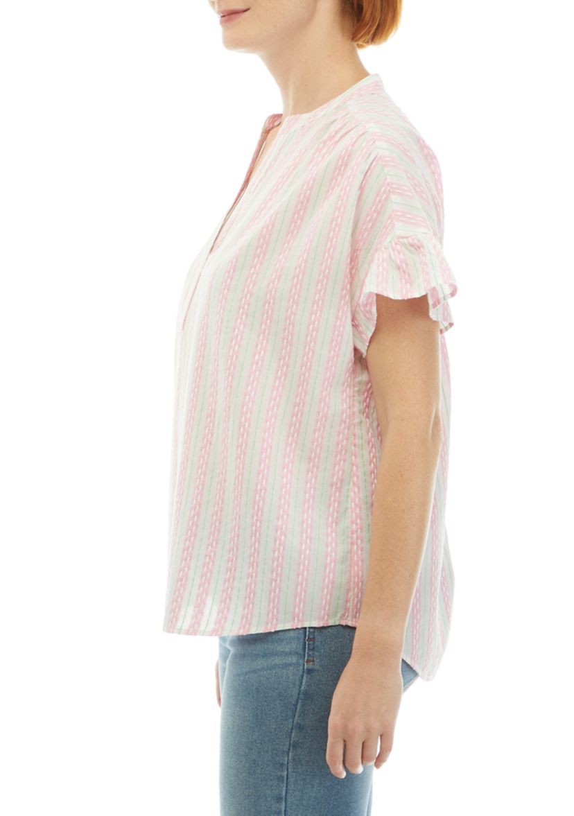 Womens Ruffle Button Front Stripe Top