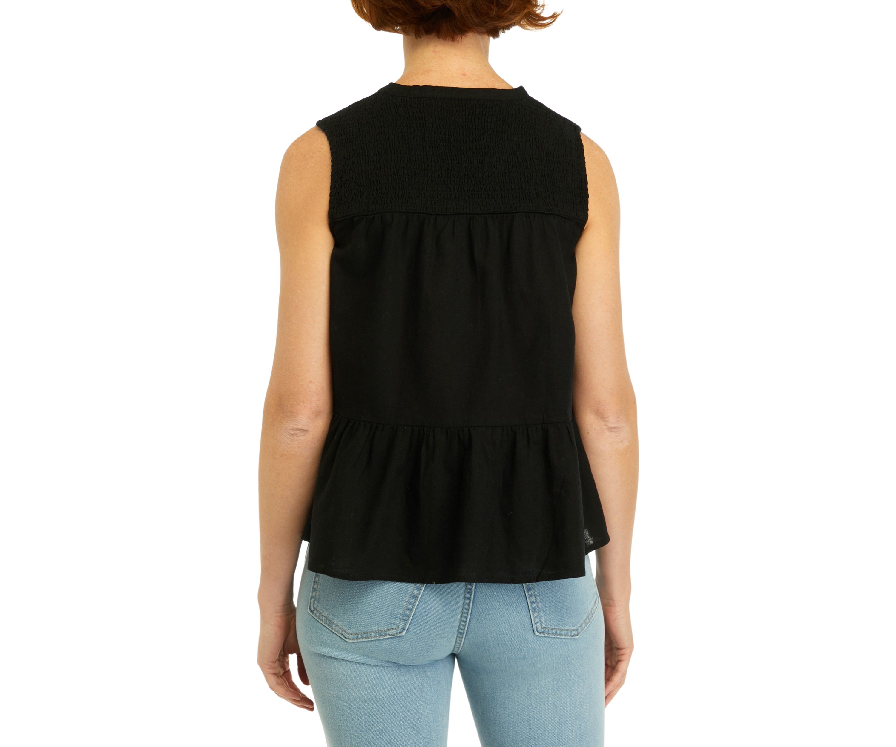 Womens Sleeveless Smocked Peasant Top