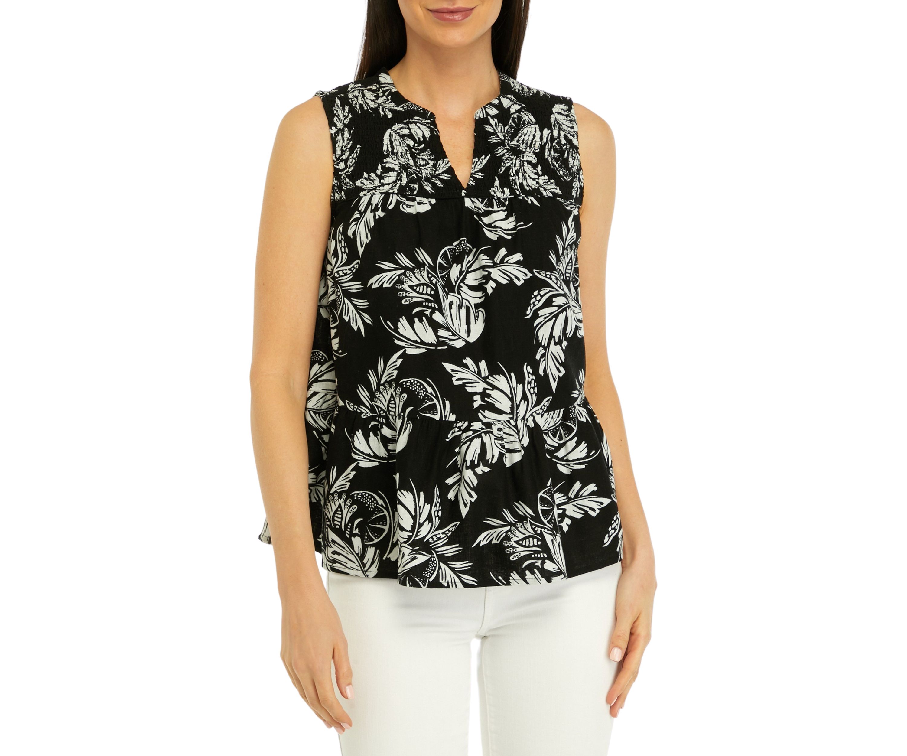 Womens Printed Smocked Peasant Top