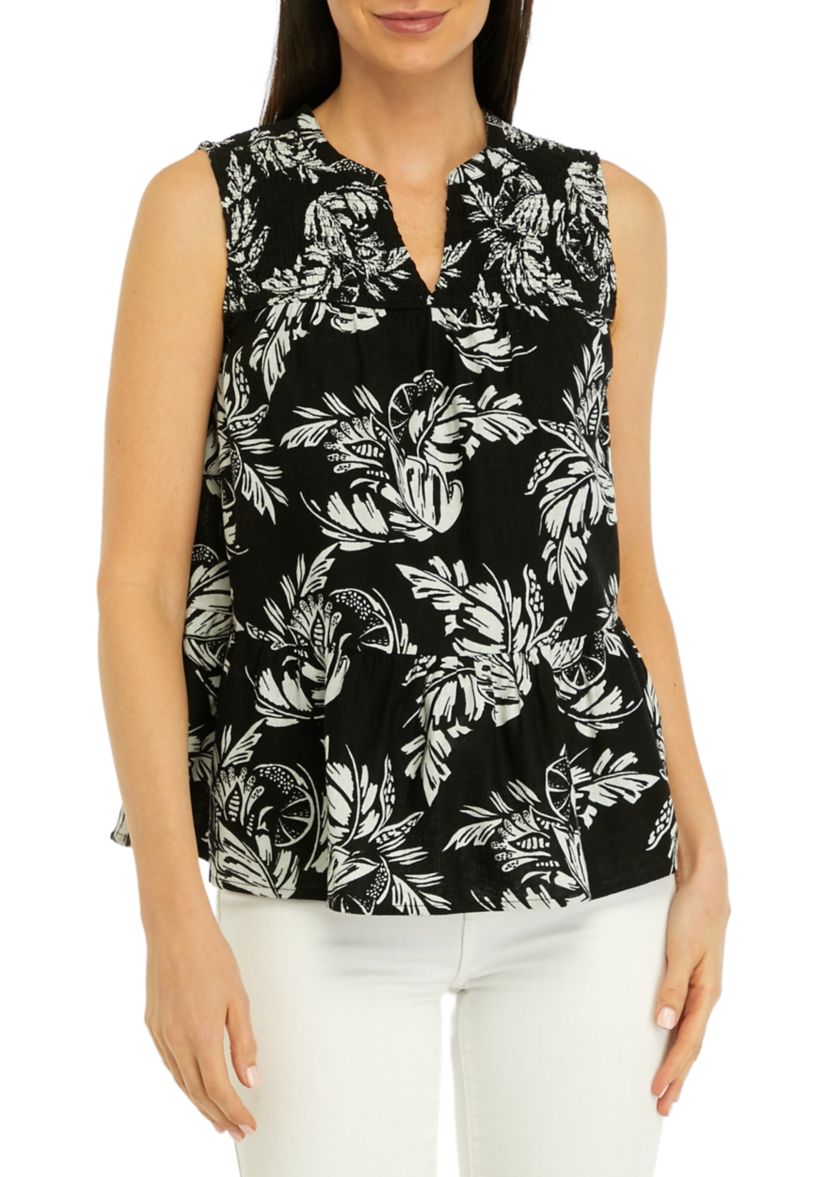 Womens Printed Smocked Peasant Top