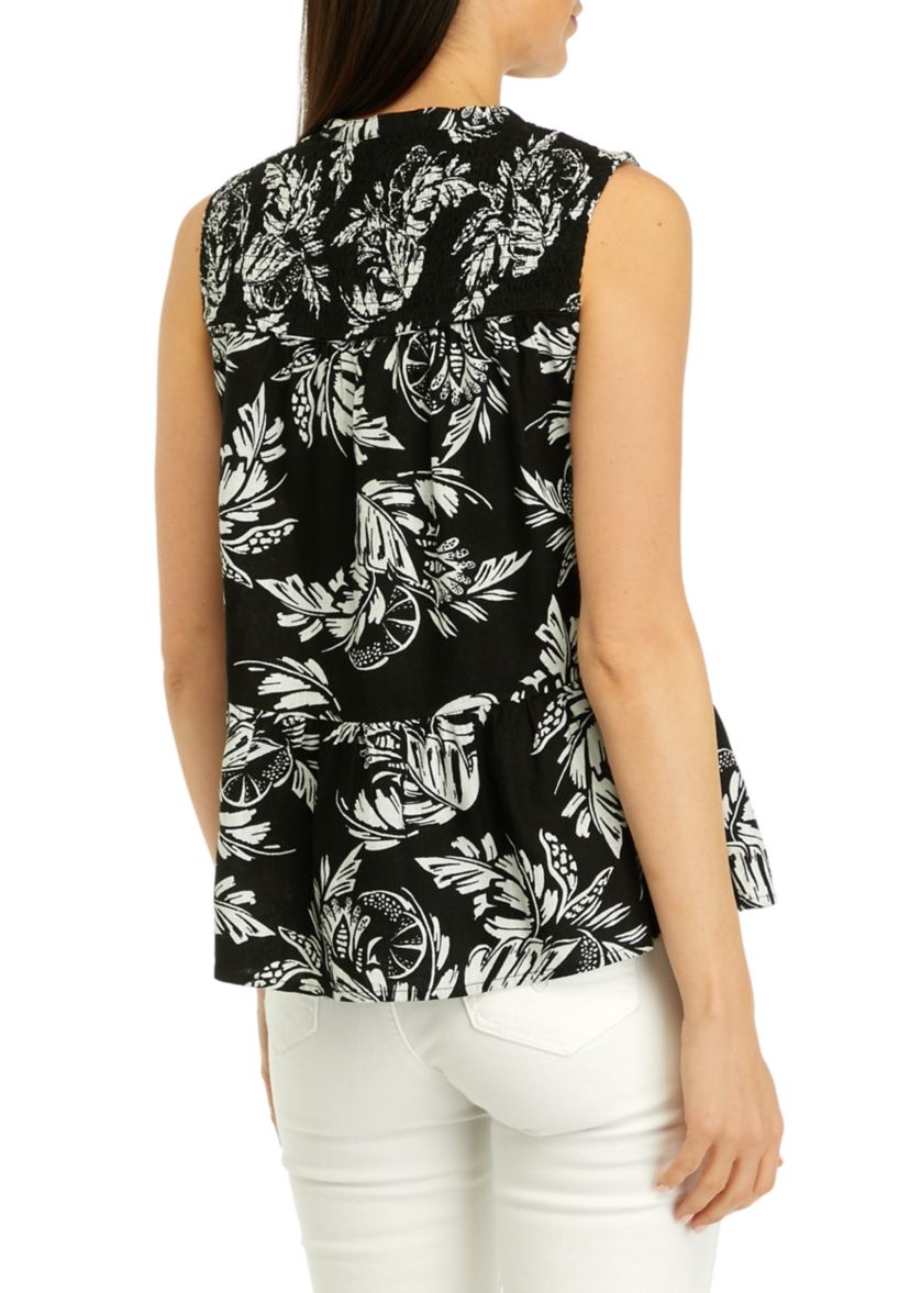 Womens Printed Smocked Peasant Top