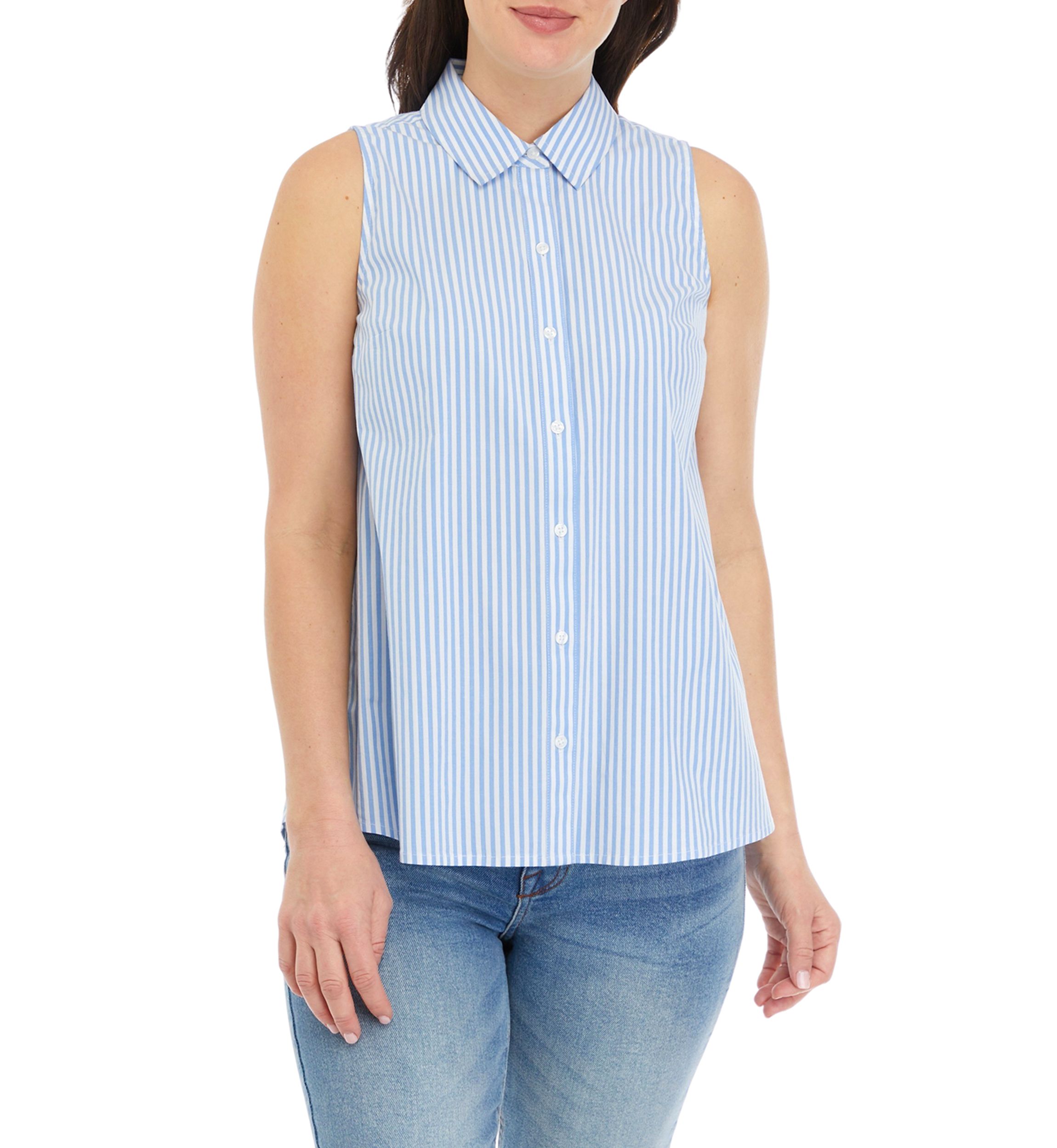 Womens Sleeveless Striped Button Up Shirt 