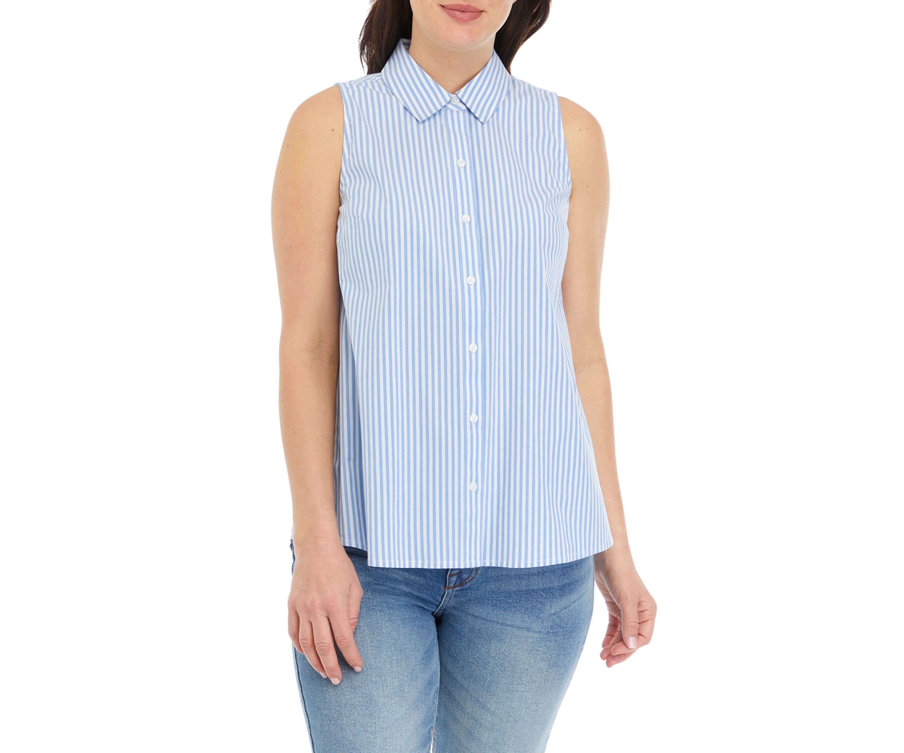 Womens Sleeveless Striped Button Up Shirt 
