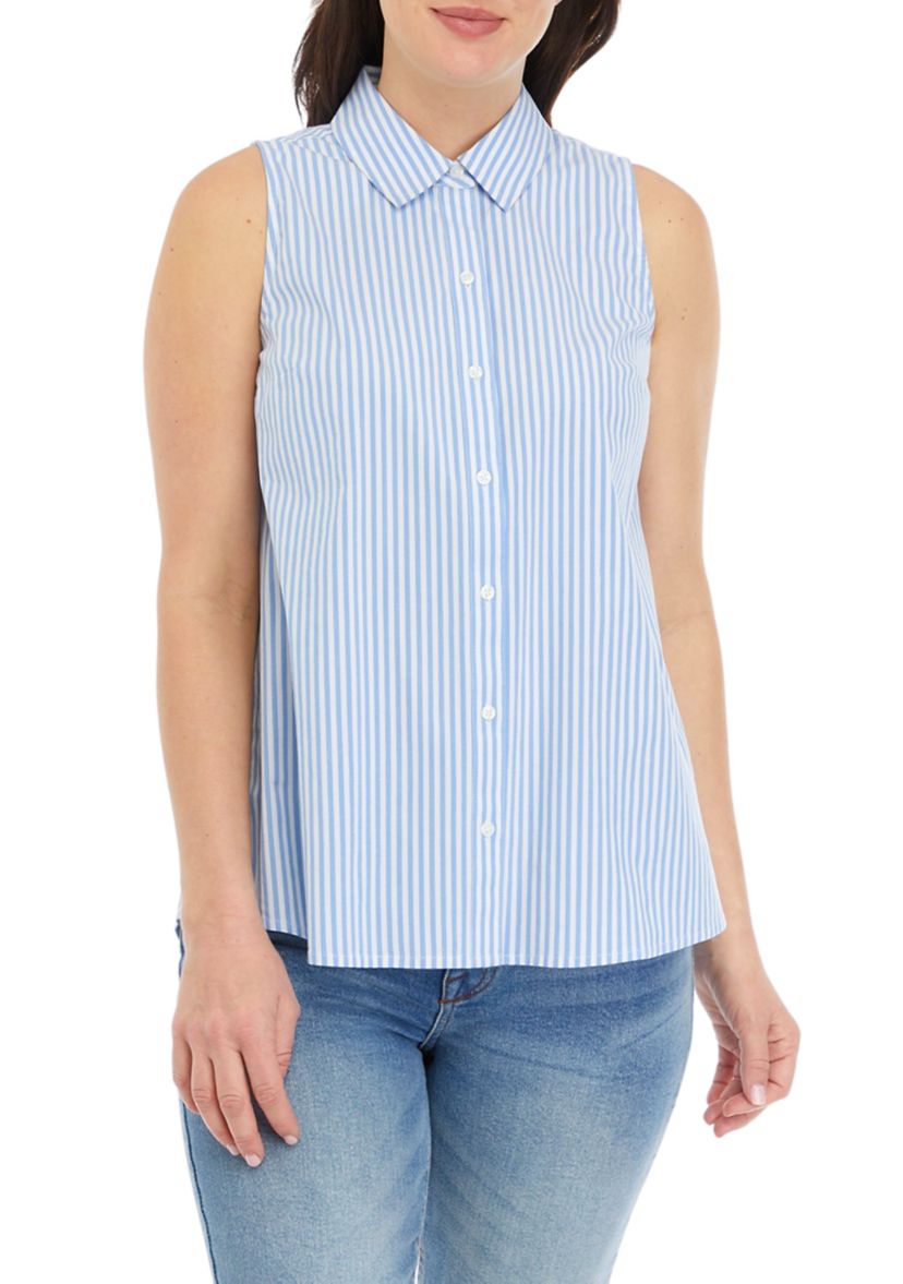 Womens Sleeveless Striped Button Up Shirt 