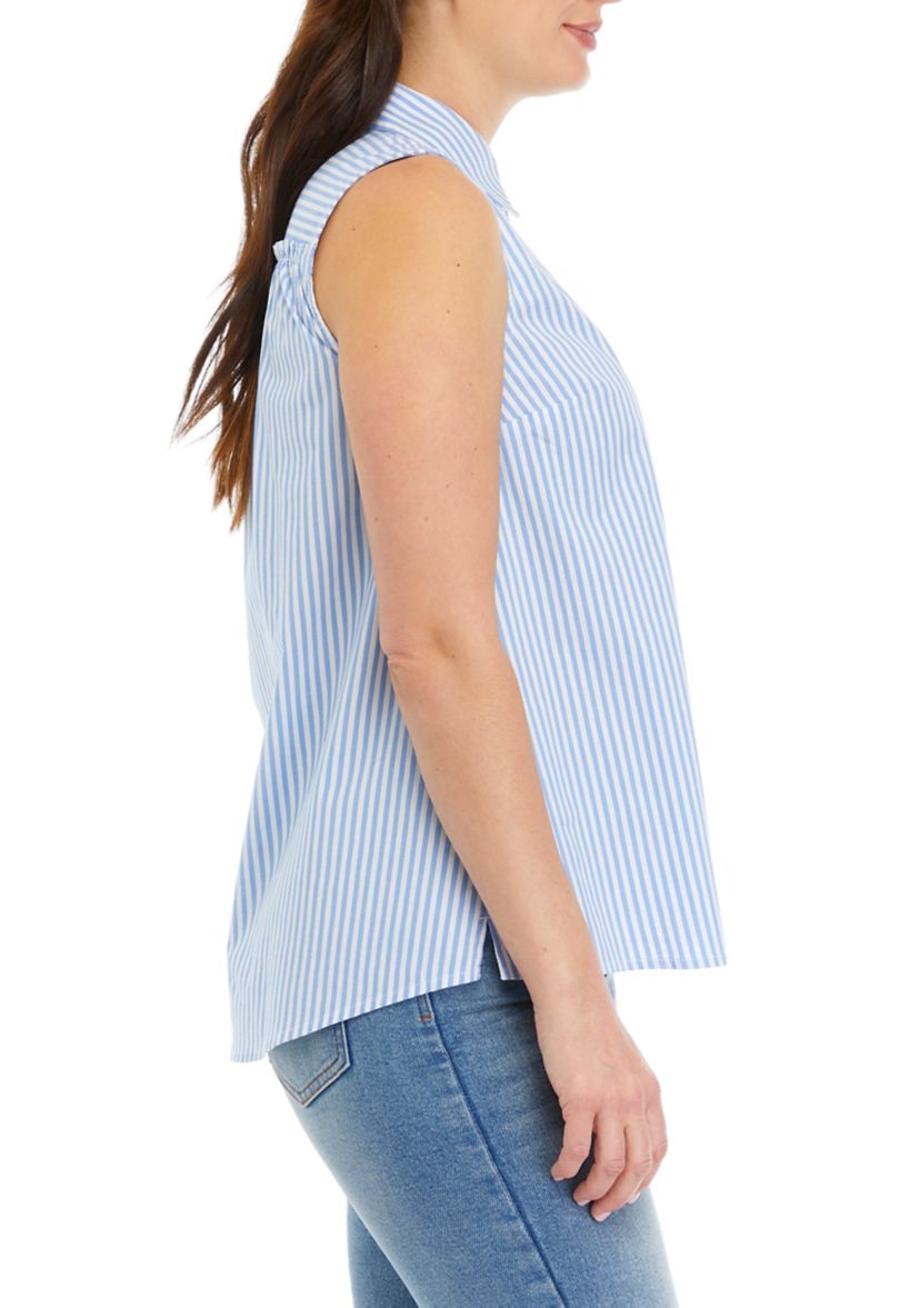 Womens Sleeveless Striped Button Up Shirt 