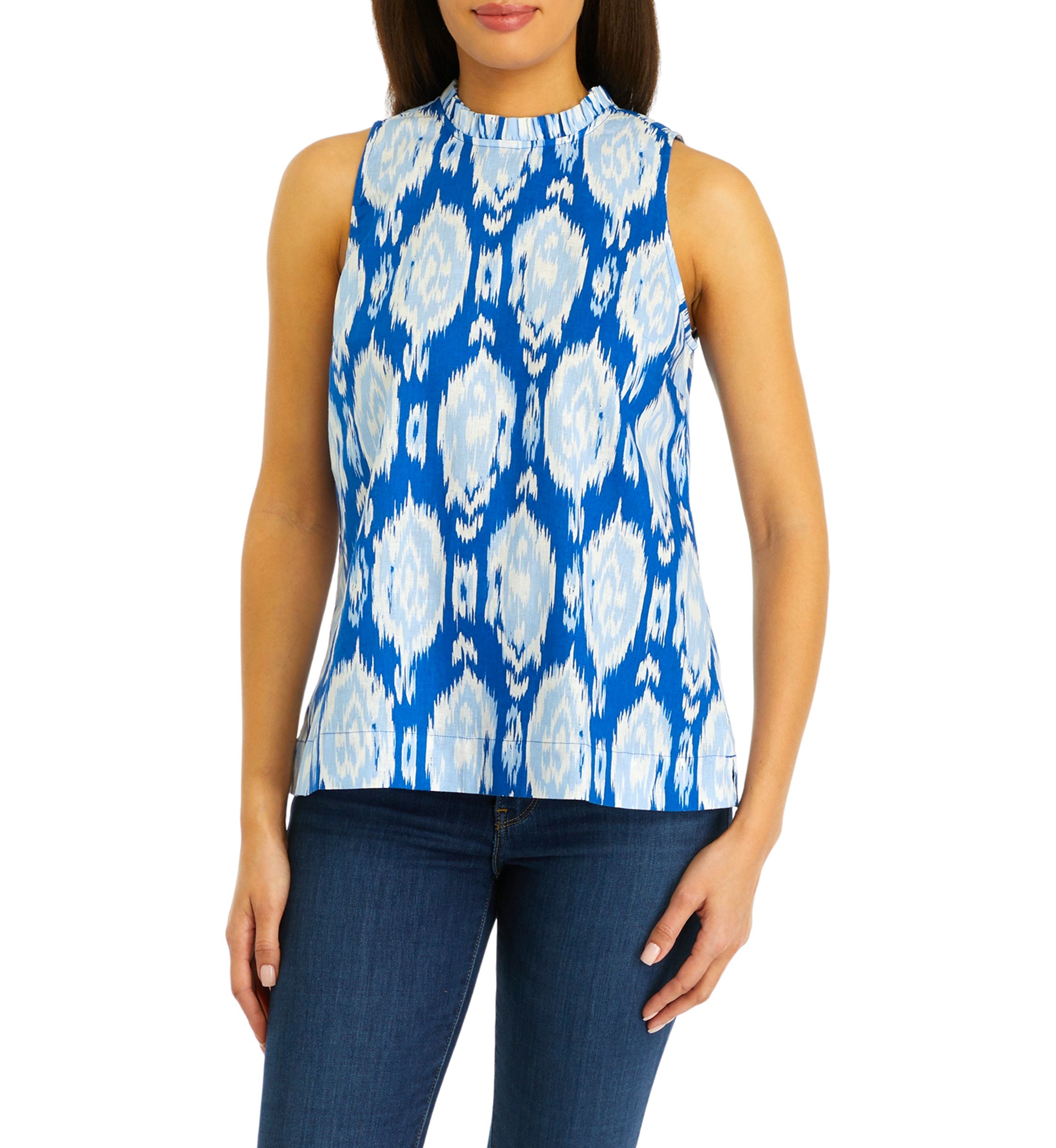 Womens Printed Sleeveless Ruffle Neck  Blouse