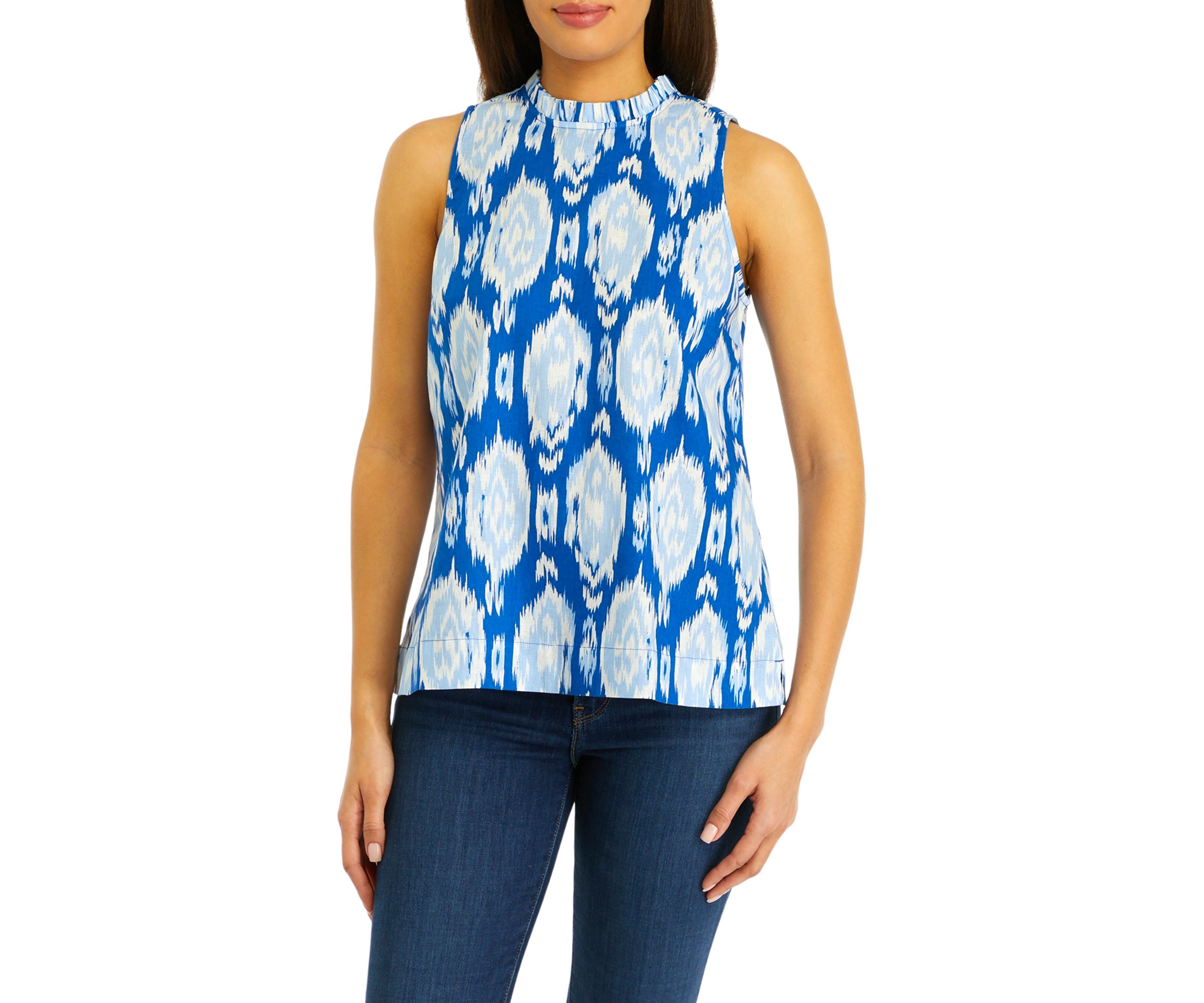 Womens Printed Sleeveless Ruffle Neck  Blouse
