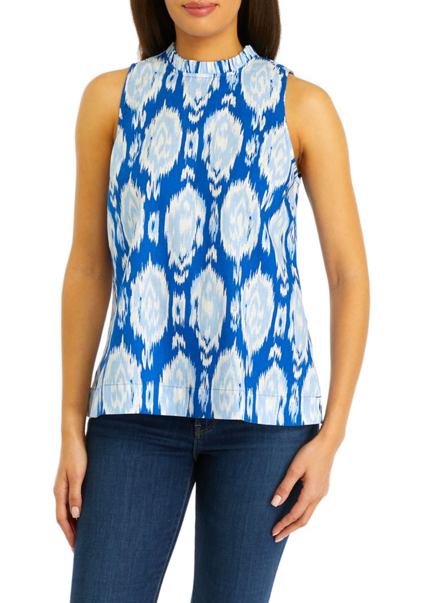 Womens Printed Sleeveless Ruffle Neck  Blouse