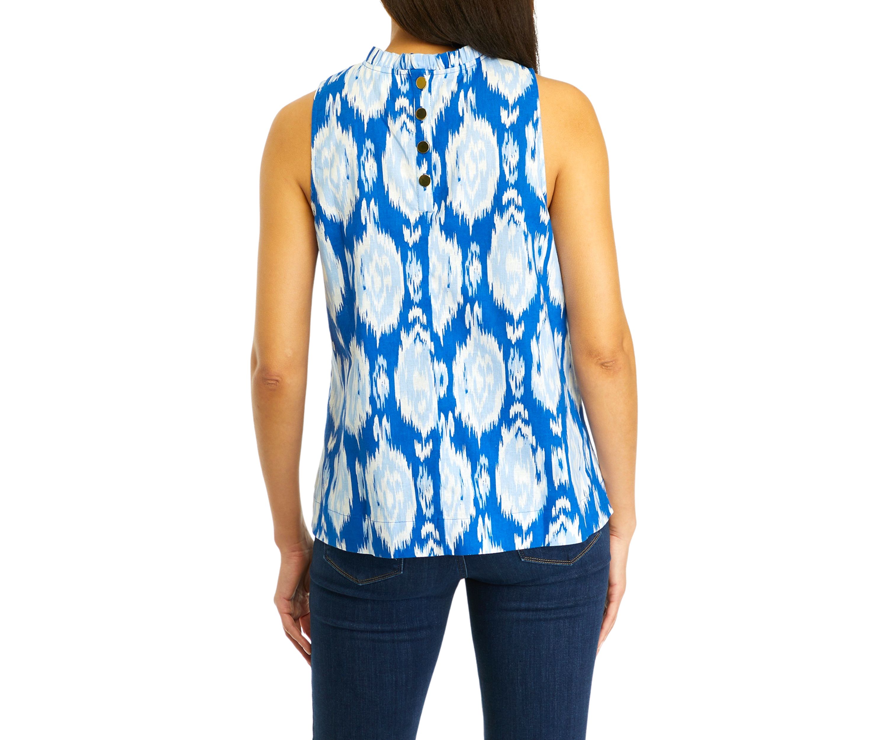 Womens Printed Sleeveless Ruffle Neck  Blouse