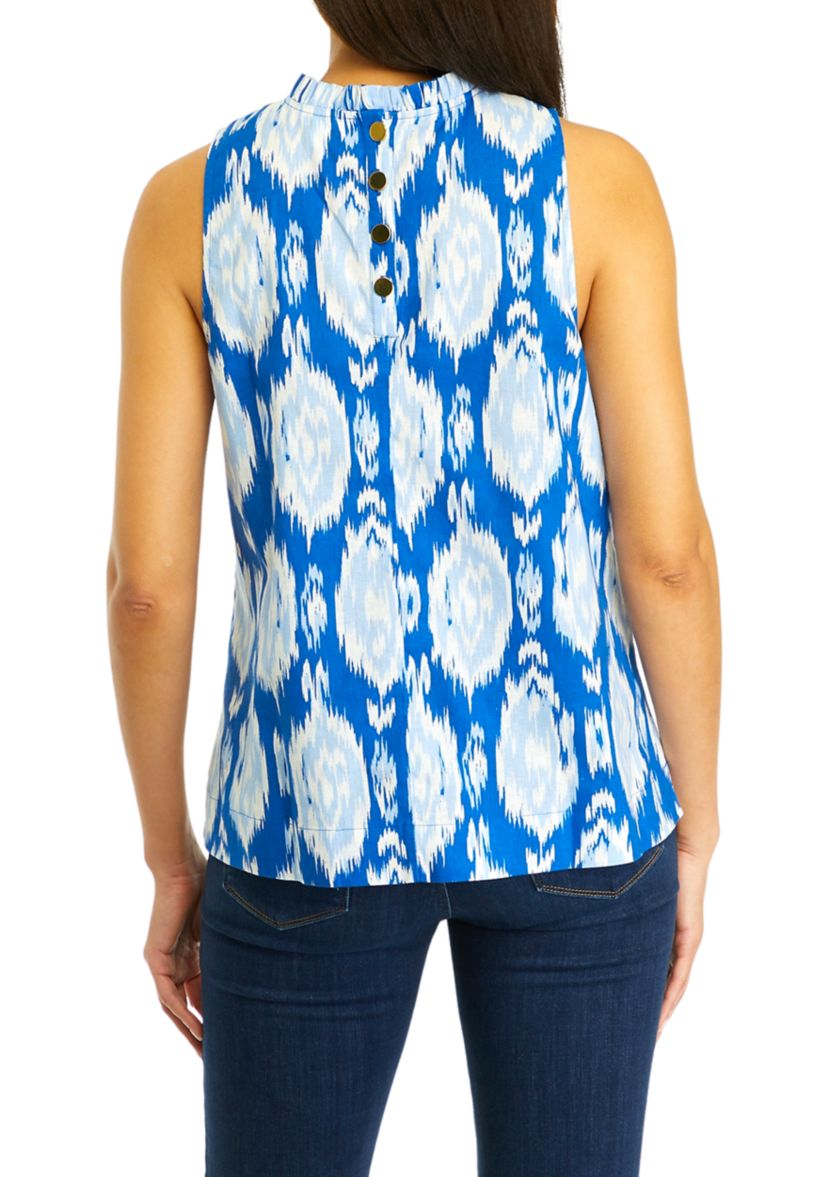 Womens Printed Sleeveless Ruffle Neck  Blouse