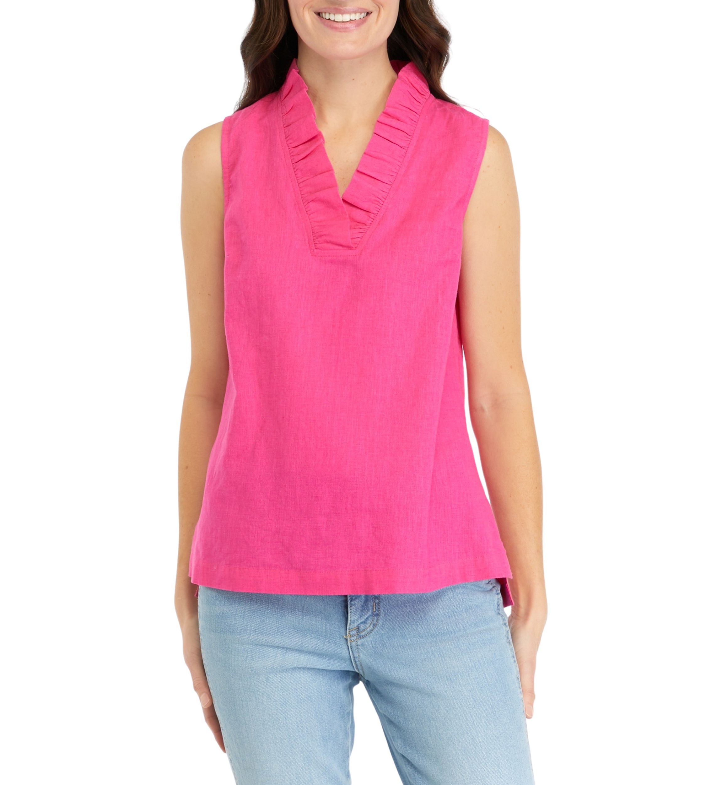 Womens Sleeveless Ruffle Neck Top