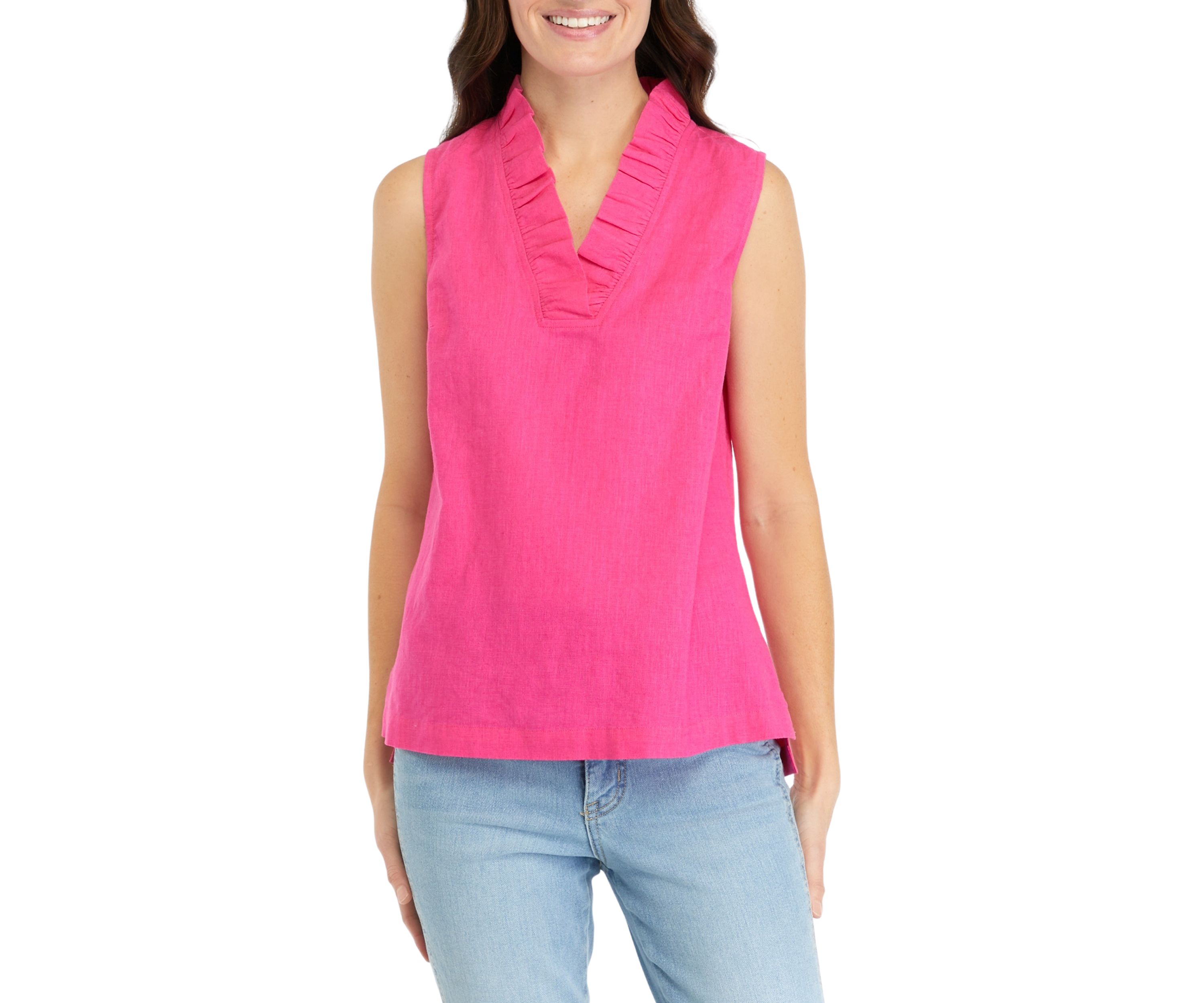 Womens Sleeveless Ruffle Neck Top