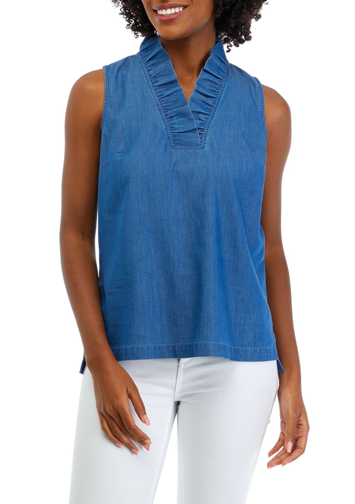 Womens Ruffle Neck Tencel Top