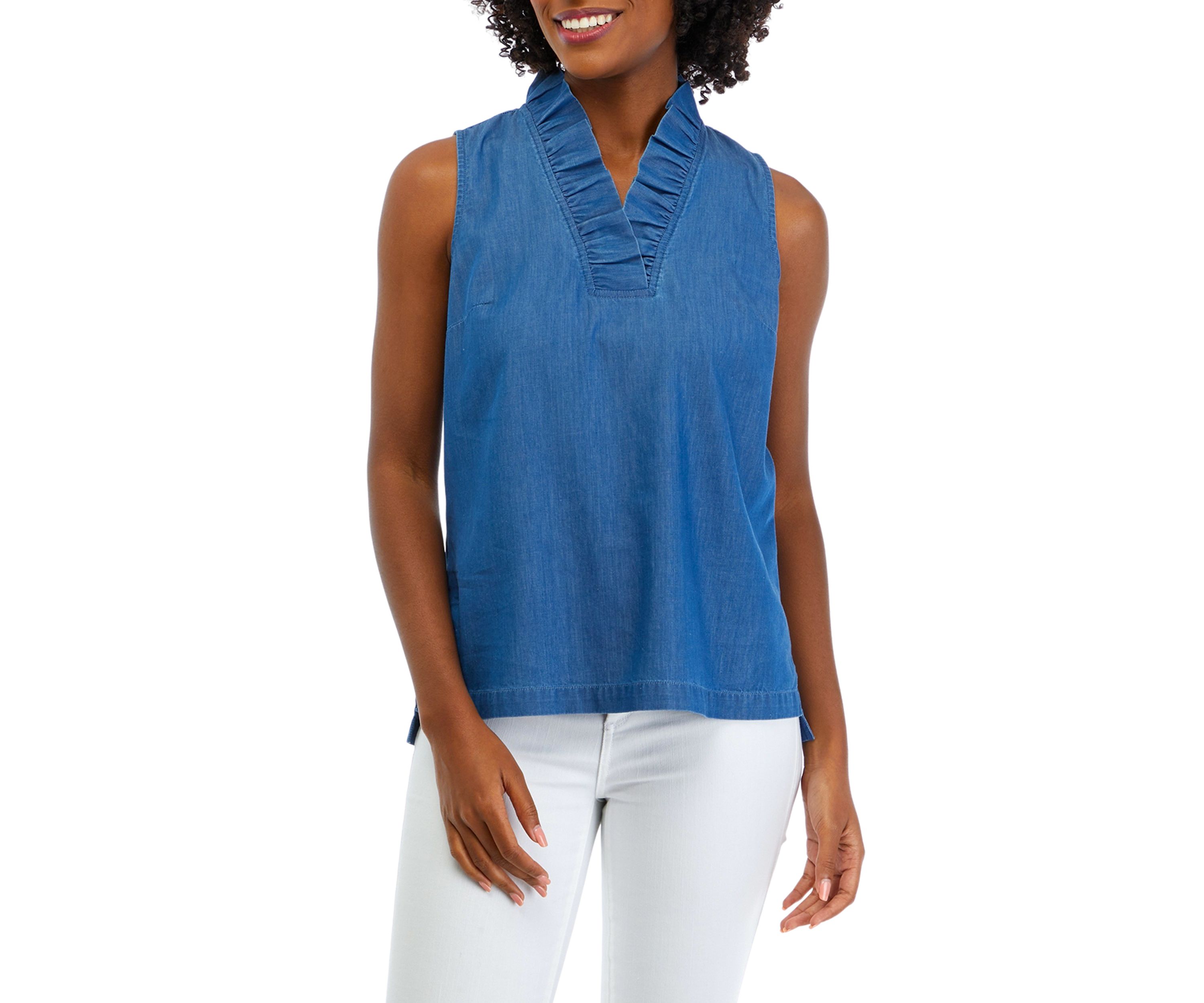 Womens Ruffle Neck Tencel Top