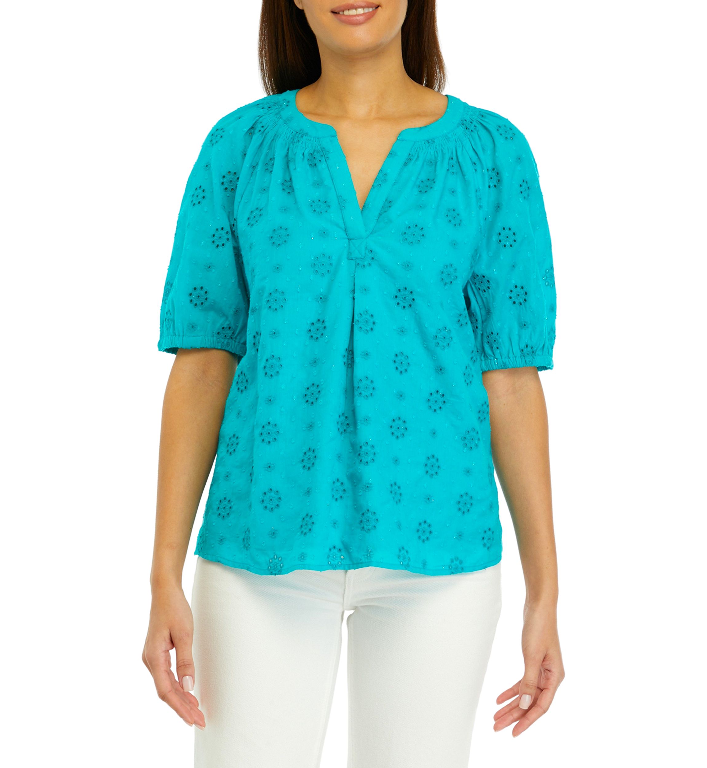 Womens Short Sleeve Peasant Eyelet Top
