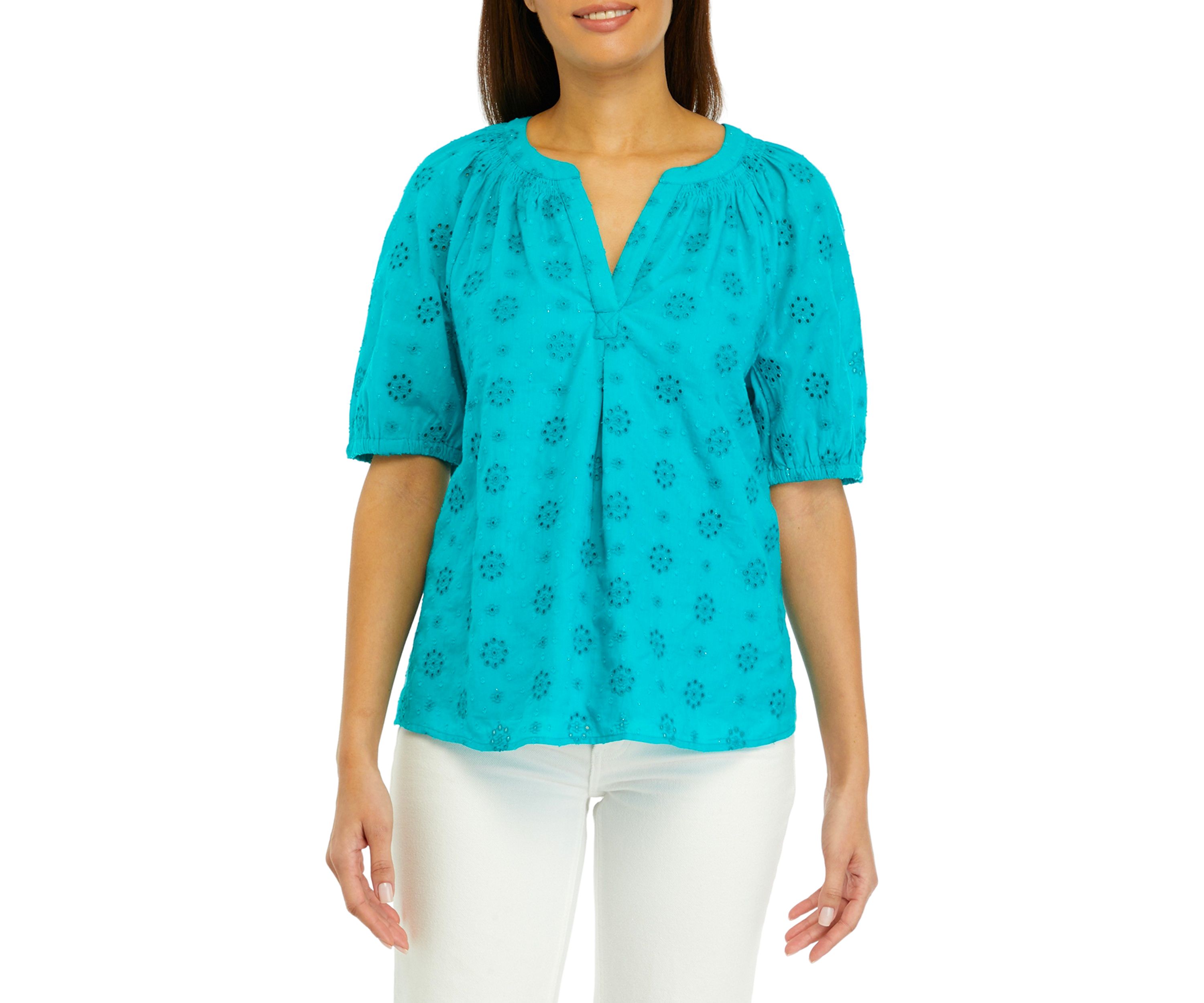 Womens Short Sleeve Peasant Eyelet Top