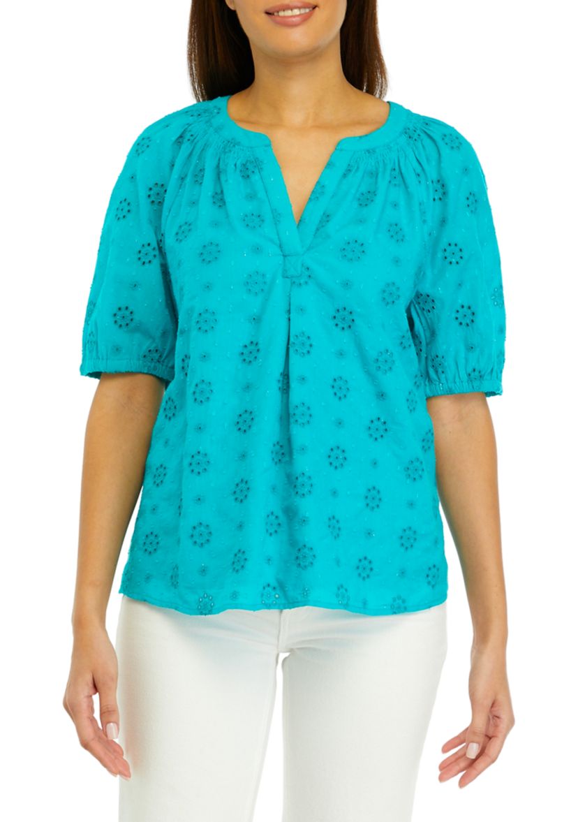 Womens Short Sleeve Peasant Eyelet Top