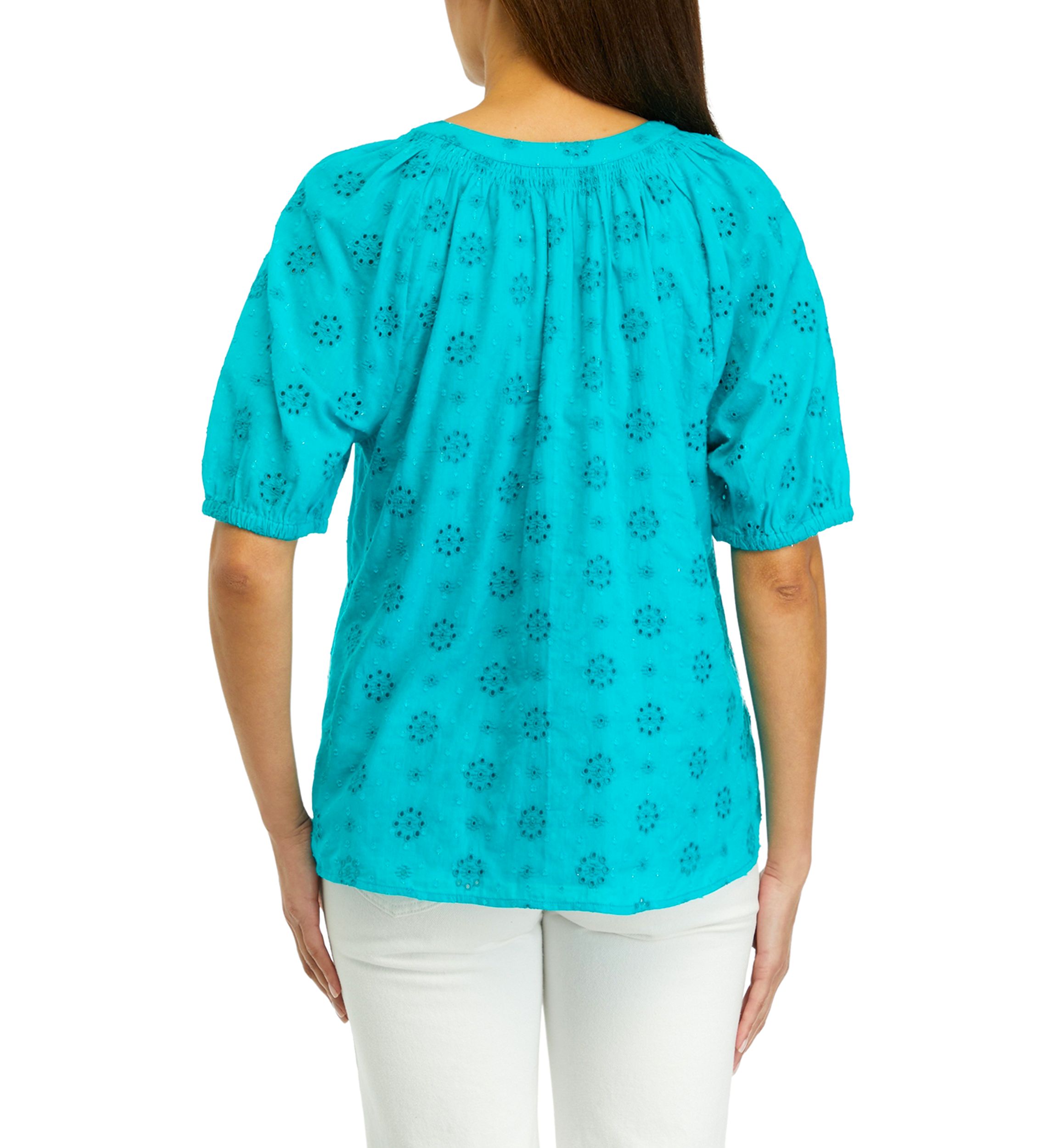 Womens Short Sleeve Peasant Eyelet Top