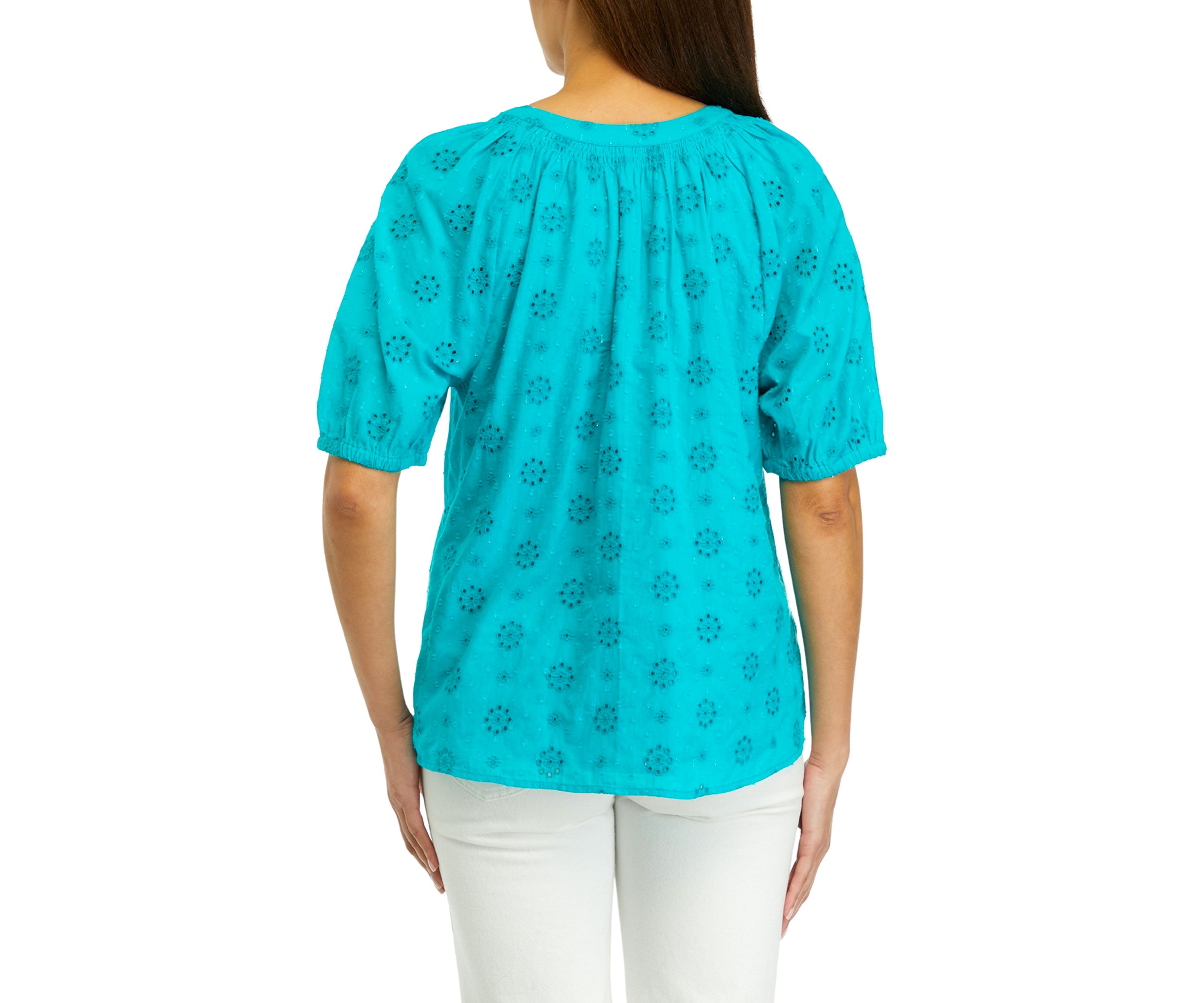 Womens Short Sleeve Peasant Eyelet Top