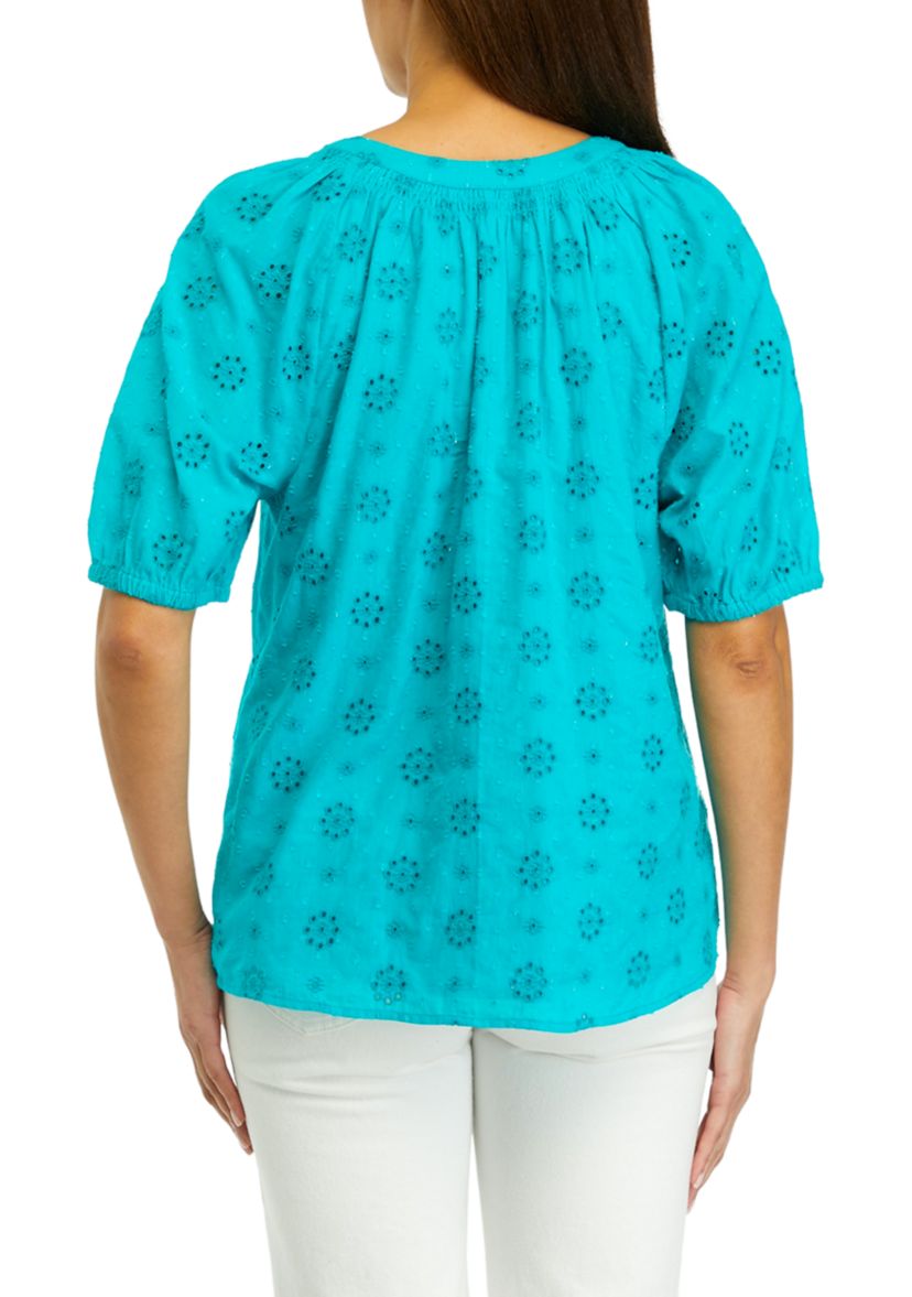 Womens Short Sleeve Peasant Eyelet Top