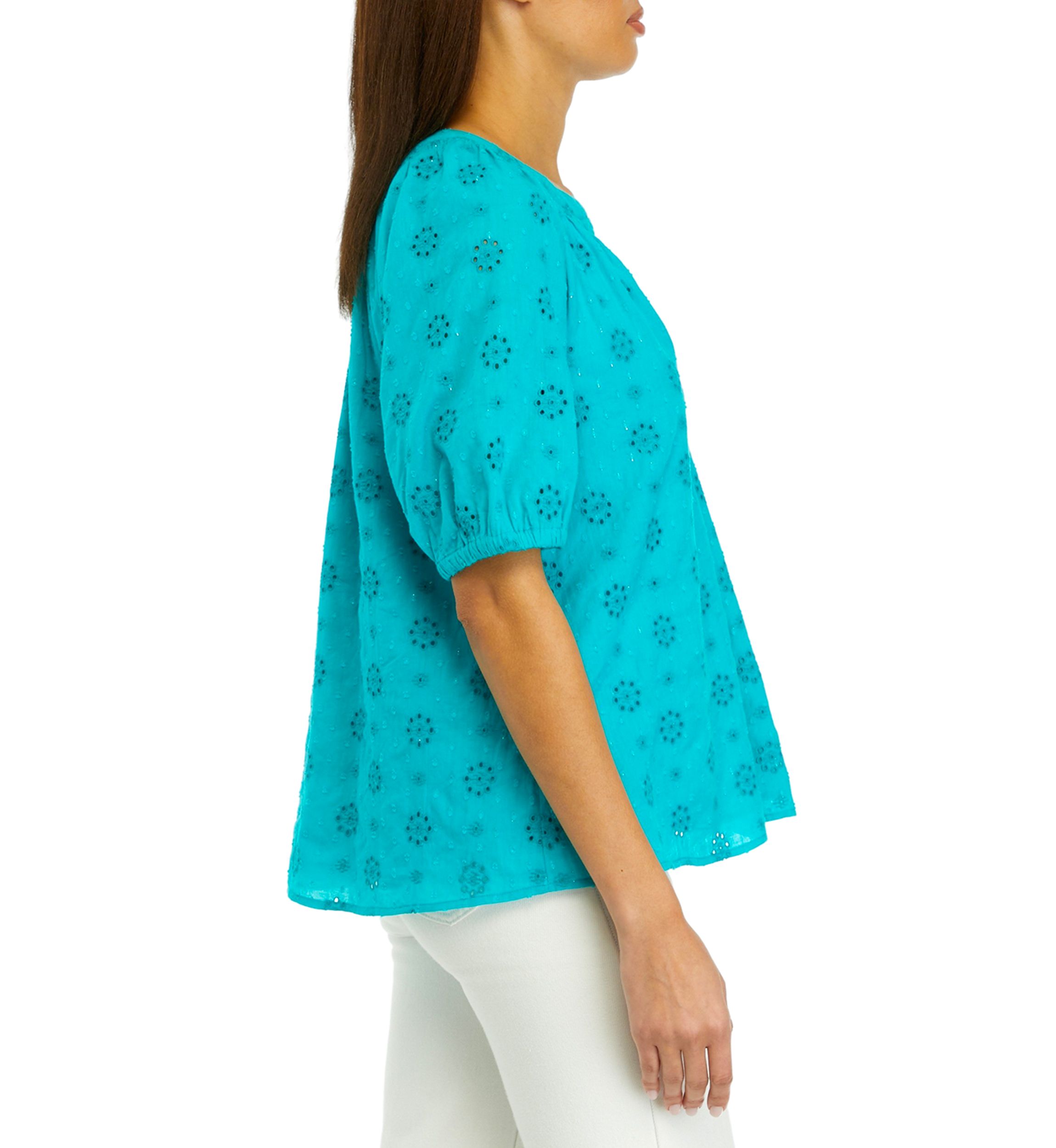 Womens Short Sleeve Peasant Eyelet Top