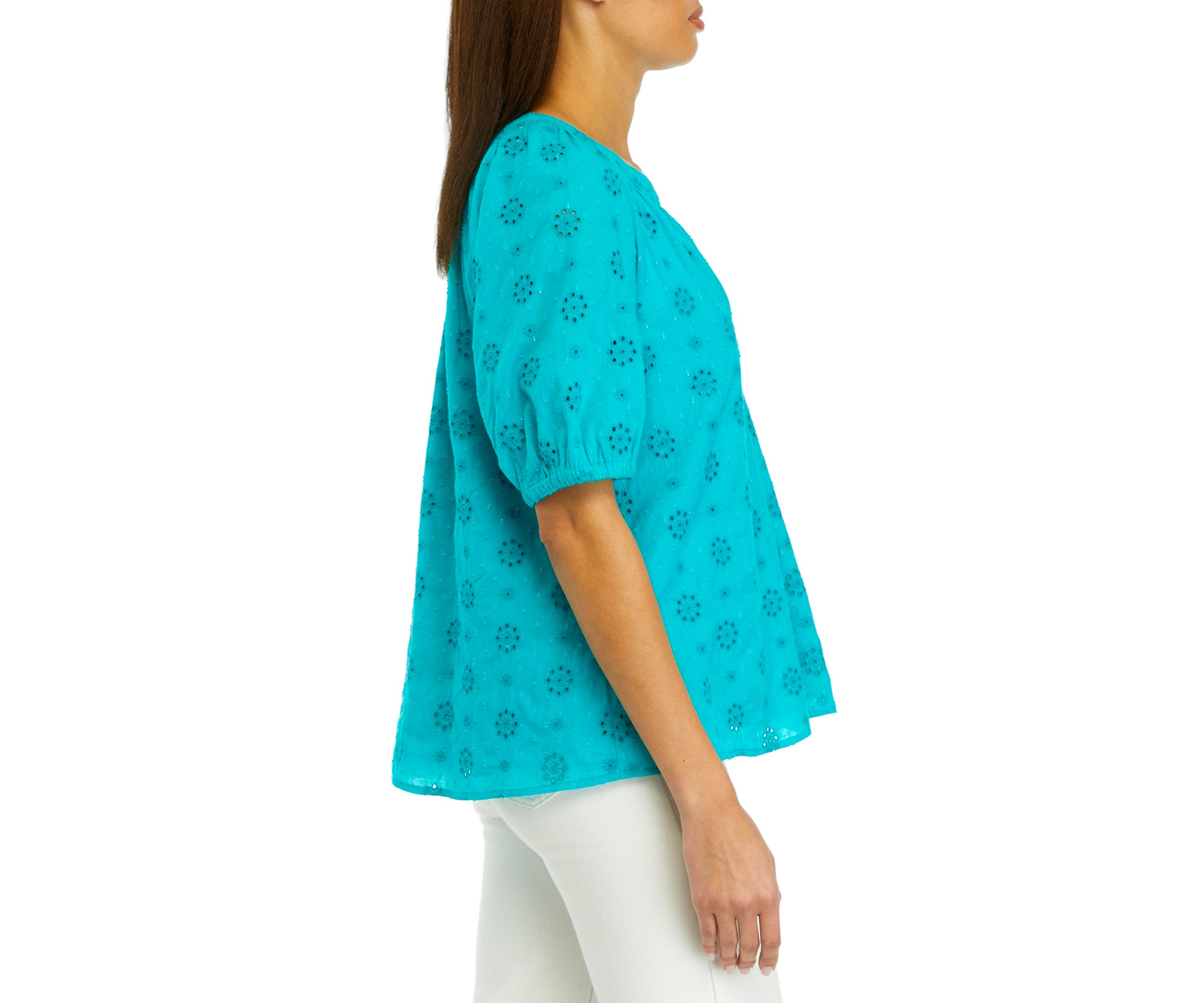 Womens Short Sleeve Peasant Eyelet Top