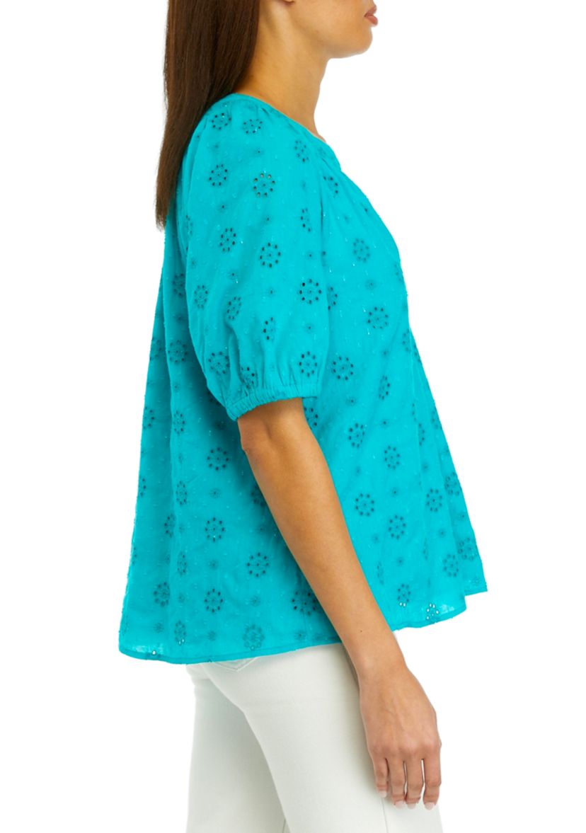 Womens Short Sleeve Peasant Eyelet Top
