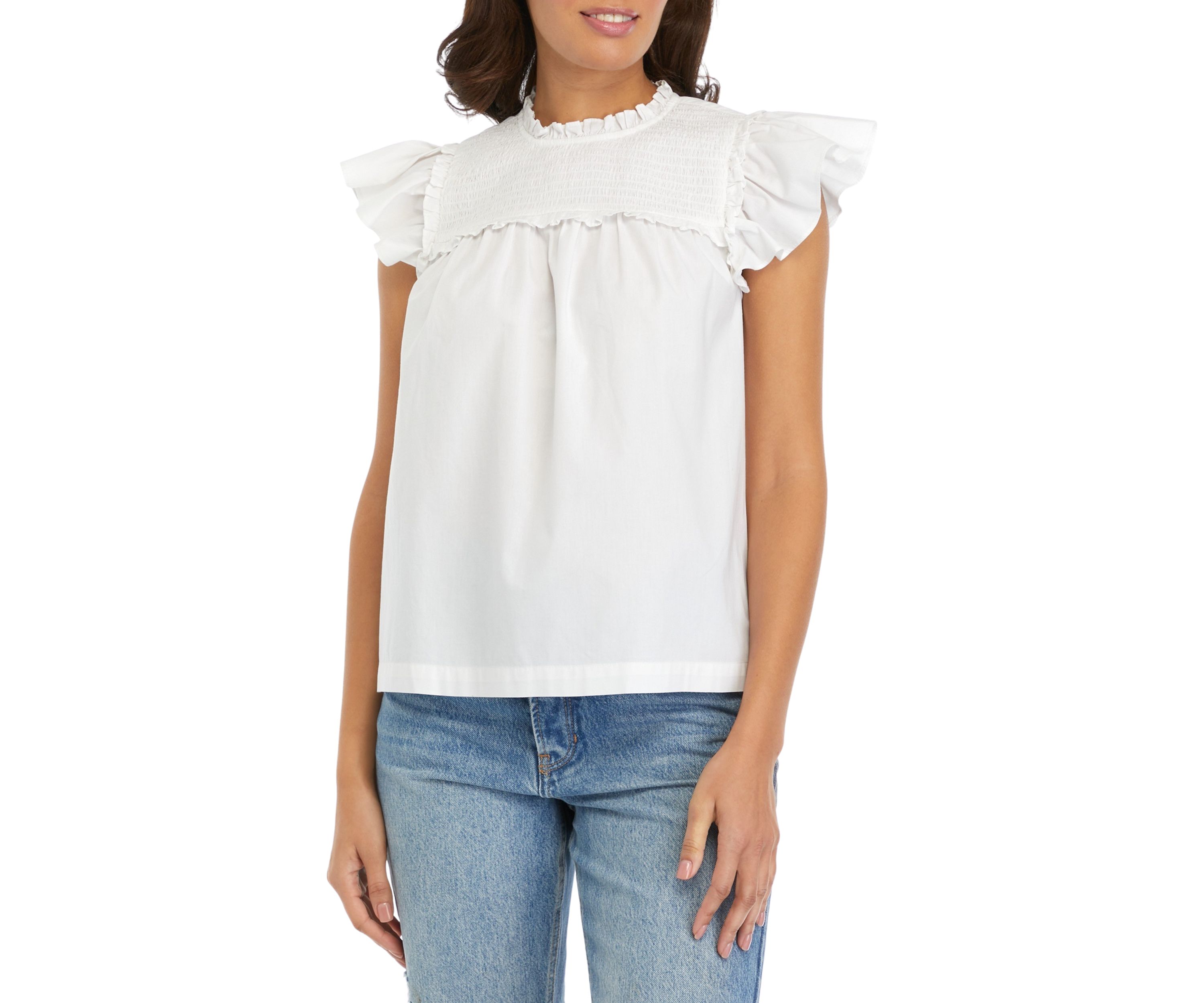 Womens Flutter Sleeve Ruffle Yoke Top