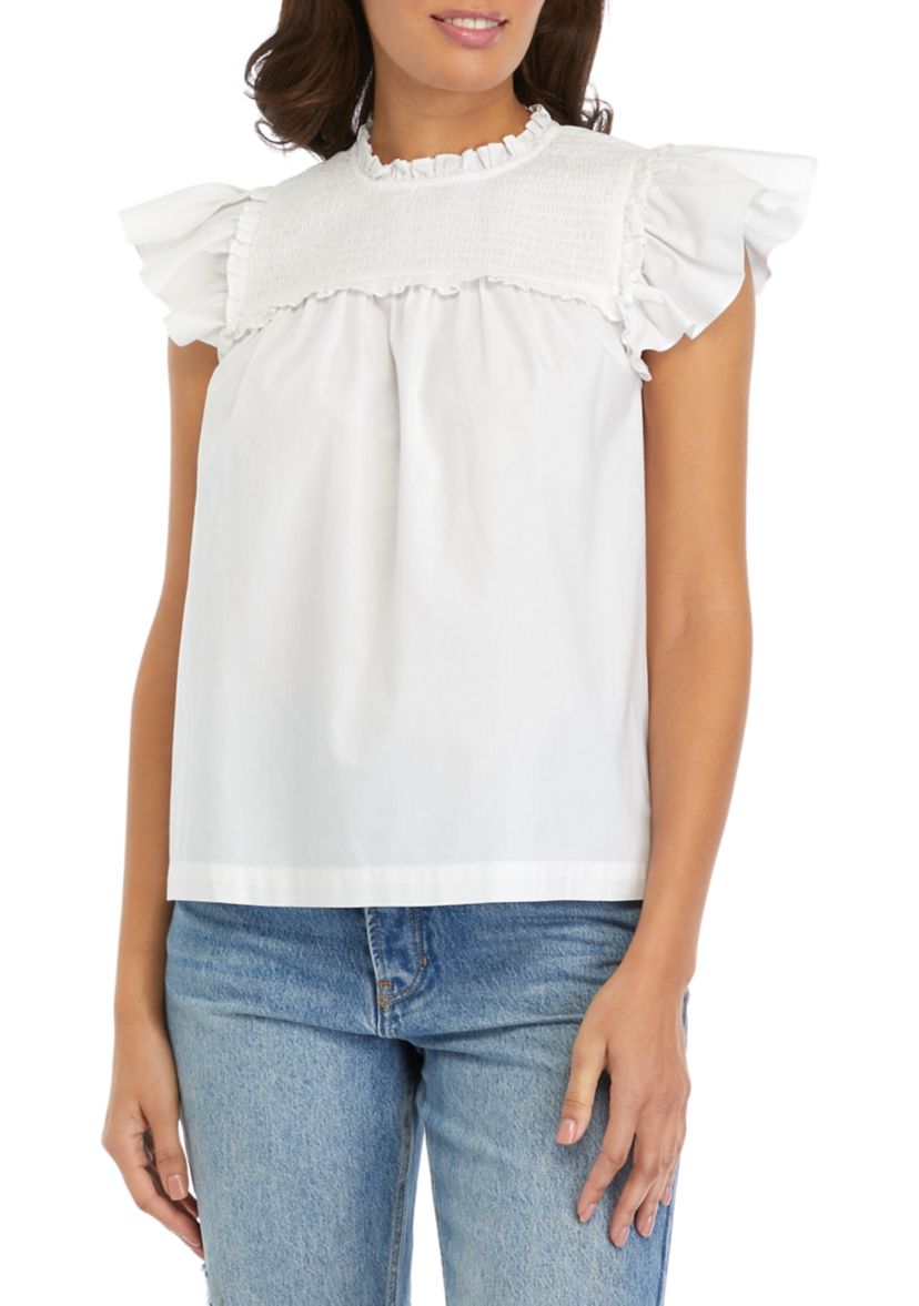 Womens Flutter Sleeve Ruffle Yoke Top