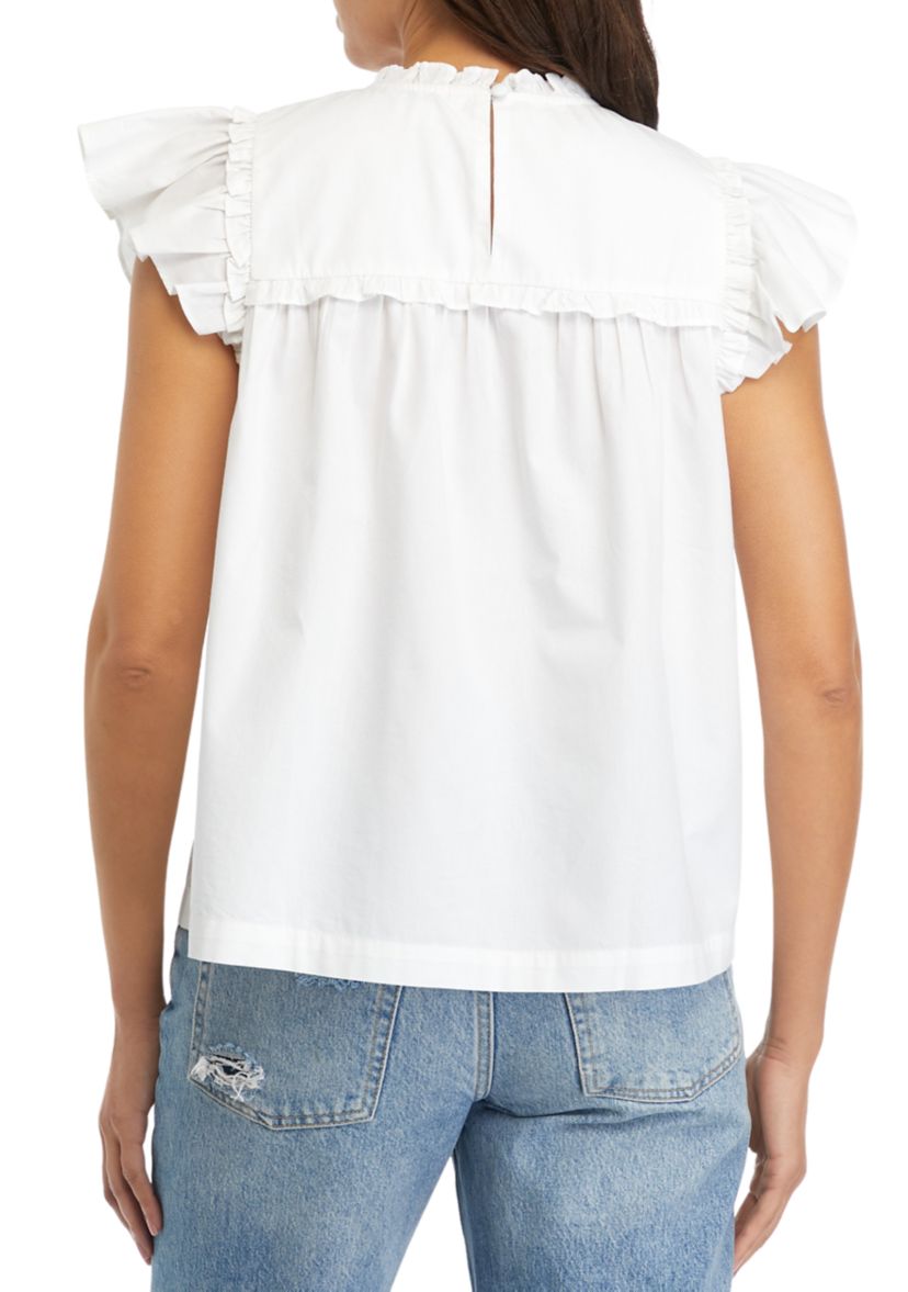 Womens Flutter Sleeve Ruffle Yoke Top